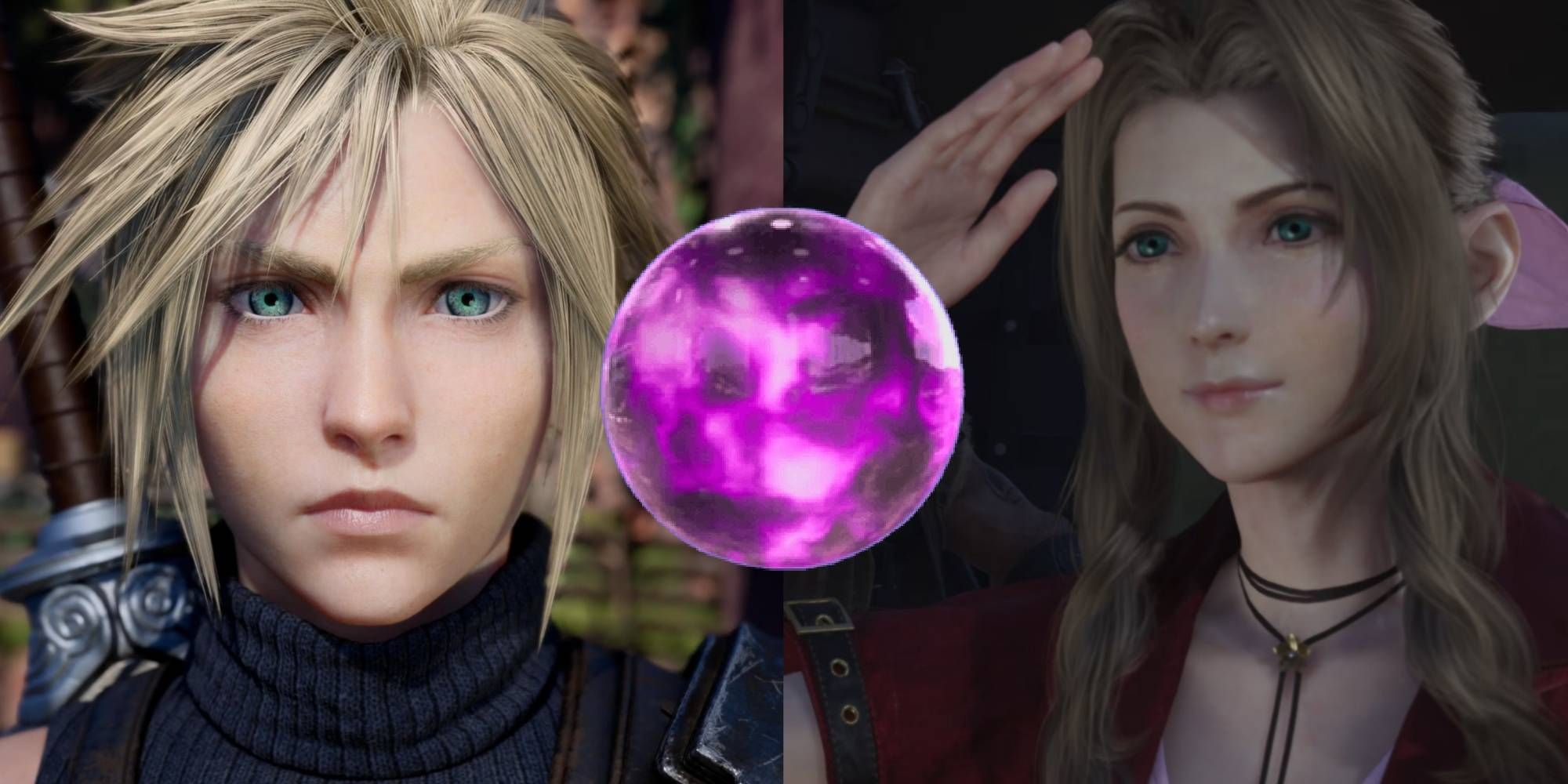 Split image of Cloud and Aerith with a purple Materia in Final Fantasy 7 Rebirth