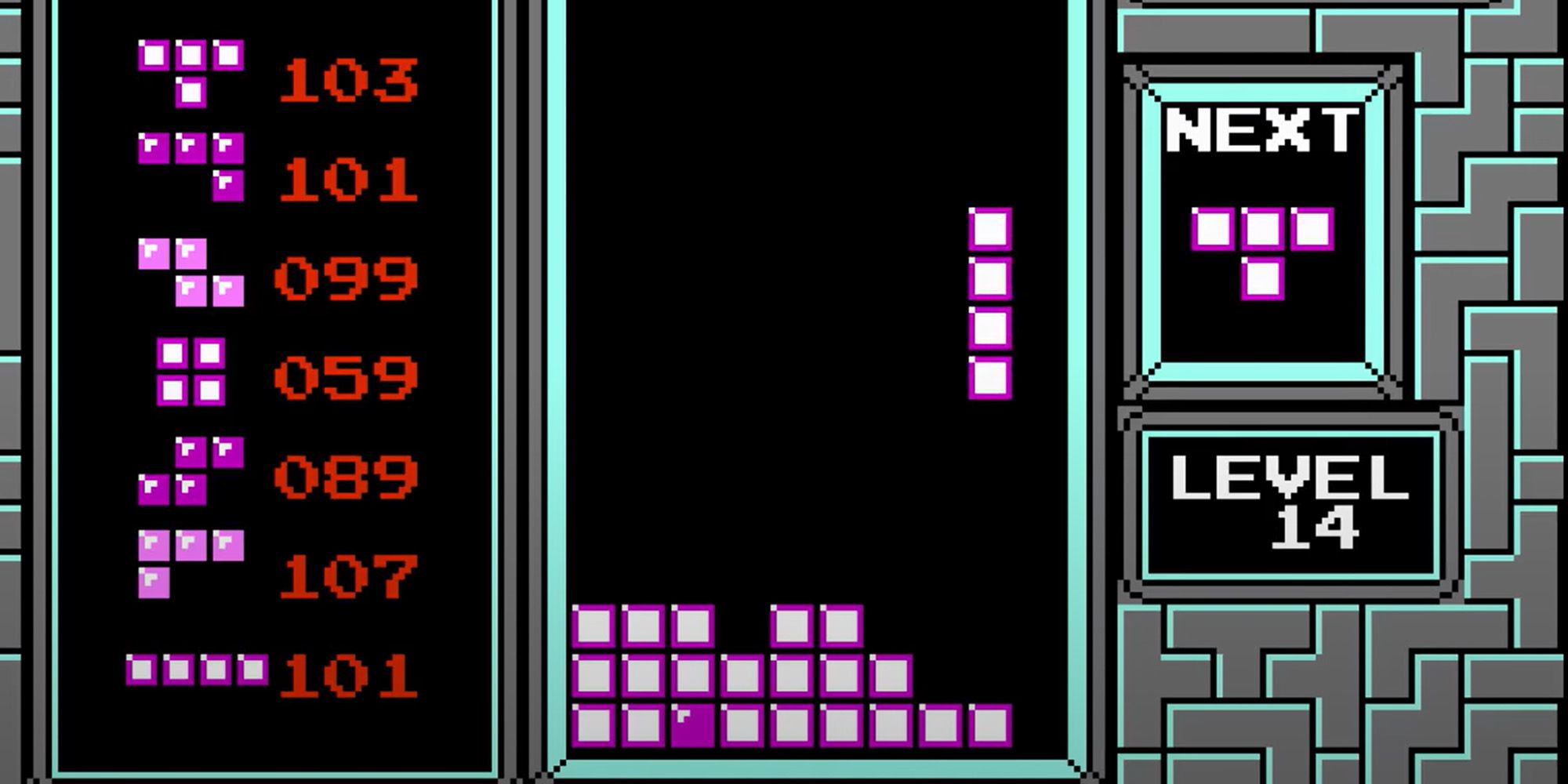 Purple tetrominoes falling in Tetris NES