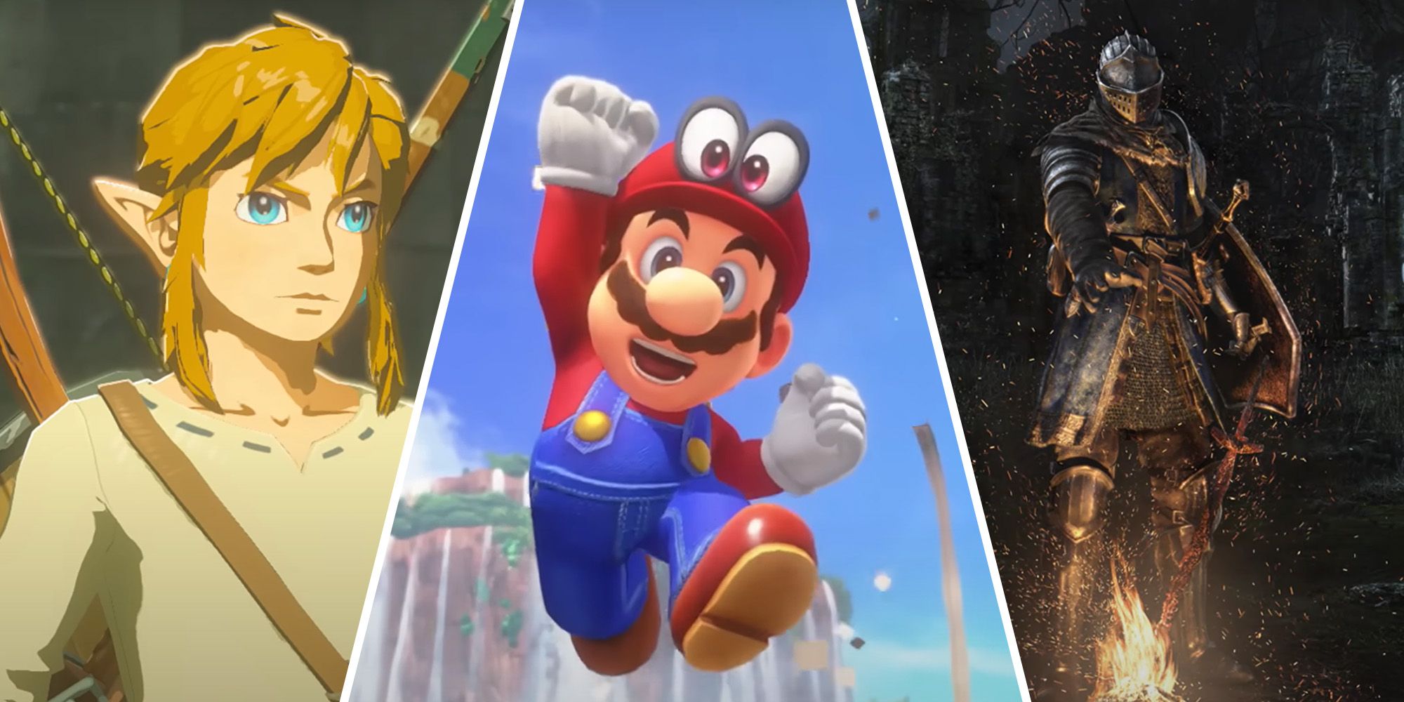Split image of Breath of the Wild, Super Mario Odyssey, and Dark Souls