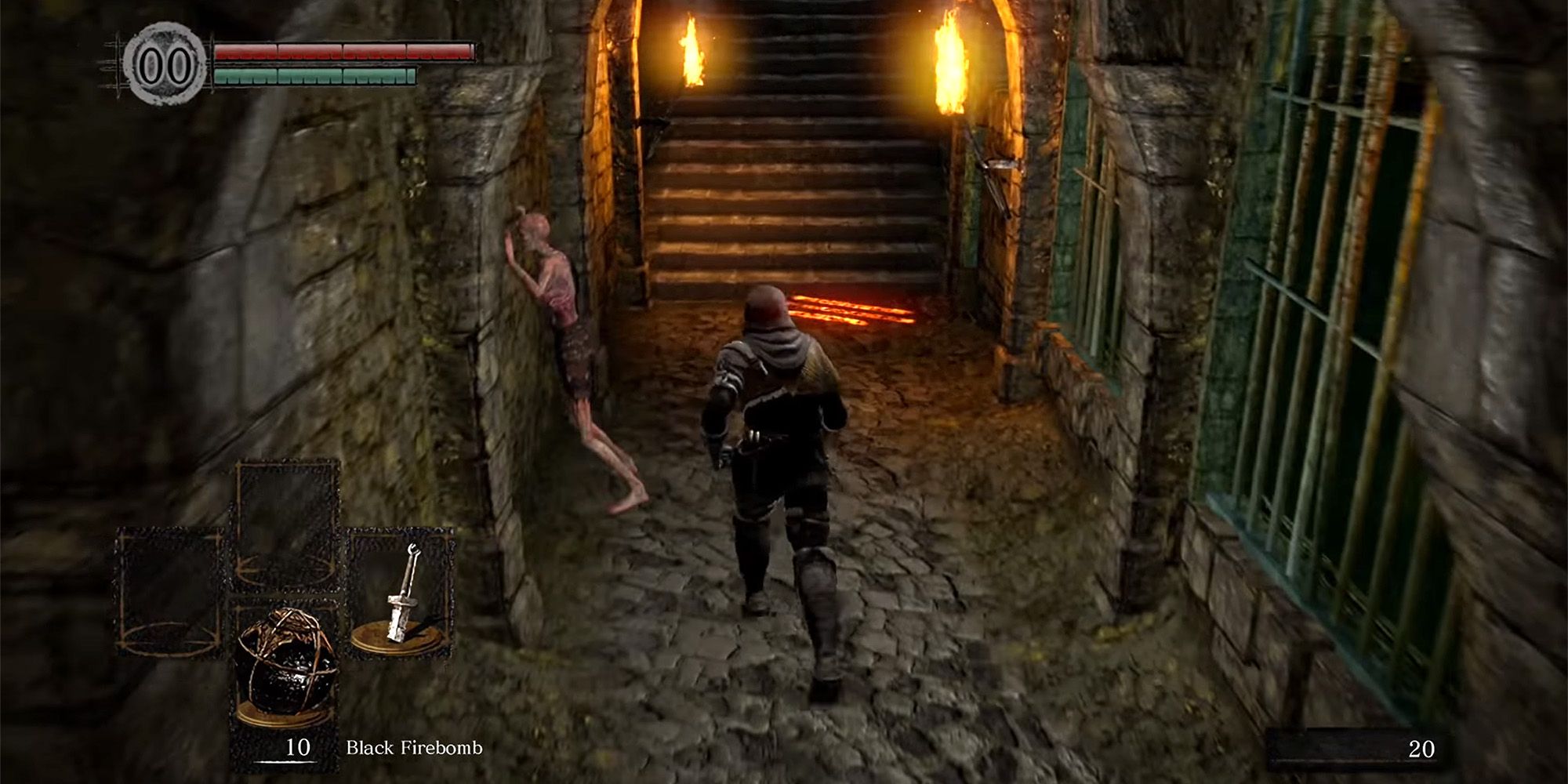 The main character exploring a dungeon in Dark Souls
