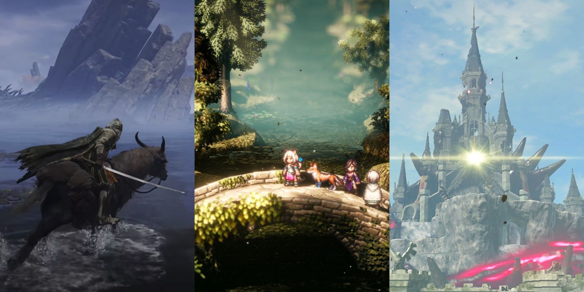 Three-image collage of the Tarnished riding horseback with a blade drawn in the purple mist in Elden Ring, the main characters on a bridge in Octopath Traveler, and Hyrule Castle in Breath of the Wild.