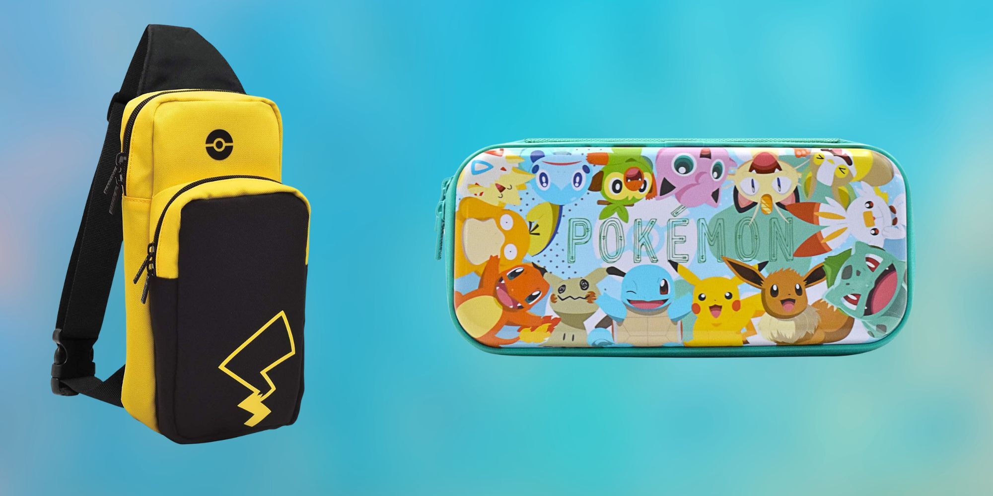 A Pikachu Nintendo Switch bag and a Pokemon Nintendo Switch case on a blue background.