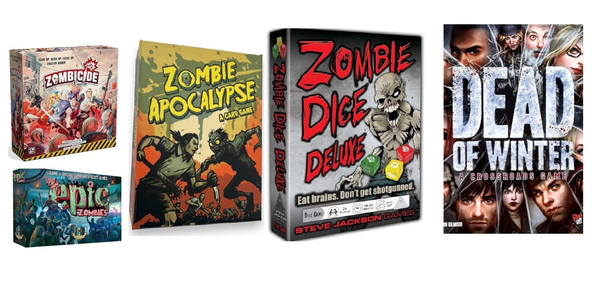 The front box cover of the Zombicide, Zombie Apocalypse, Zombie Dice Deluxe, and Dead of Winter board games
