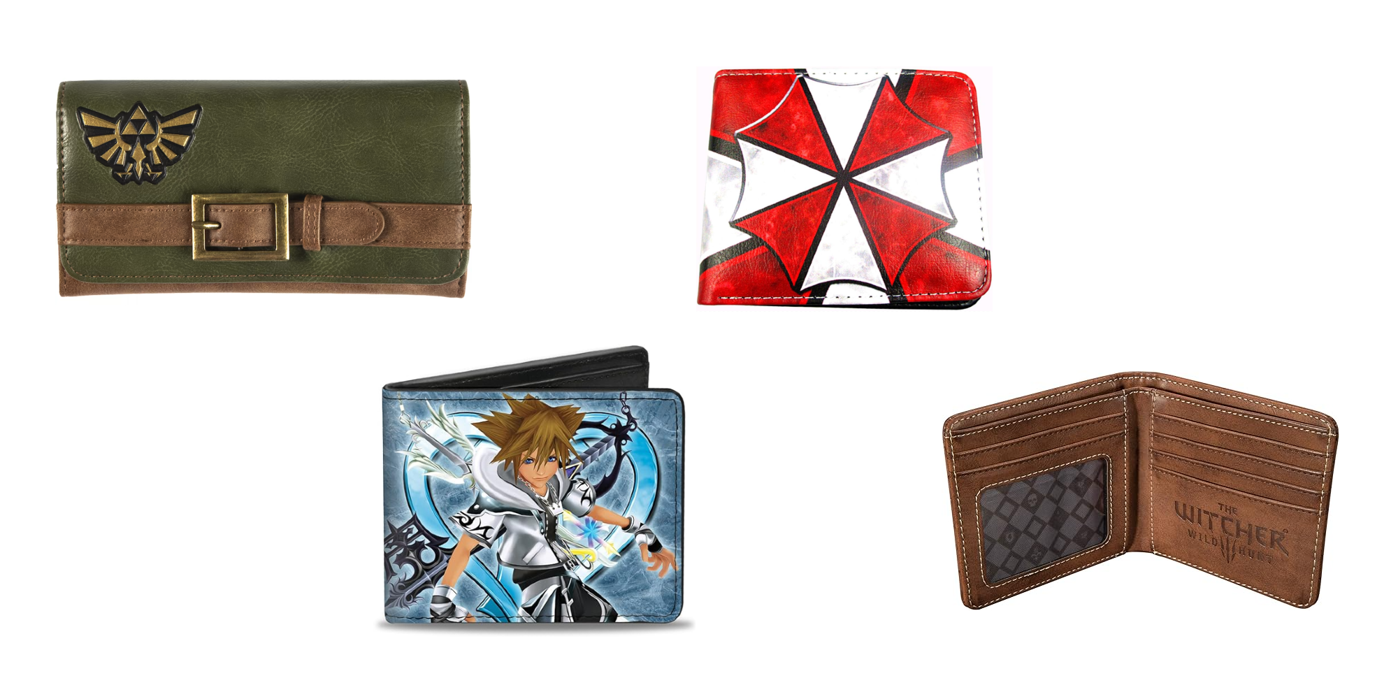 Header image for Best Gaming Wallets featuring images of Zelda, Kingdom Hearts 2, Resident Evil, and The Witcher 3 wallets