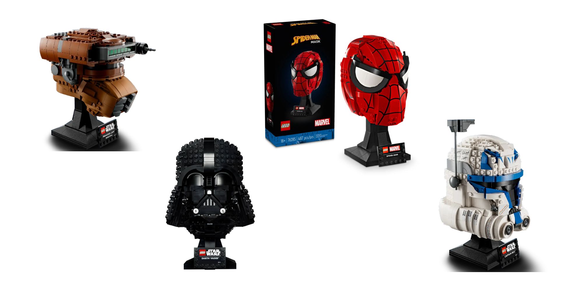 Header image for Best Lego Helmet Sets in 2024 with images of Boushh helmet, Darth Vader helmet, Spider-Man helmet, and Captain Rex helmet
