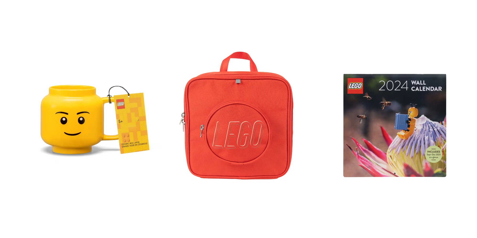 Header image for Best Lego Merch in 2024 with images of Minifigure ceramic mug, 1-stud backpack, and the LEGO 2024 wall calendar
