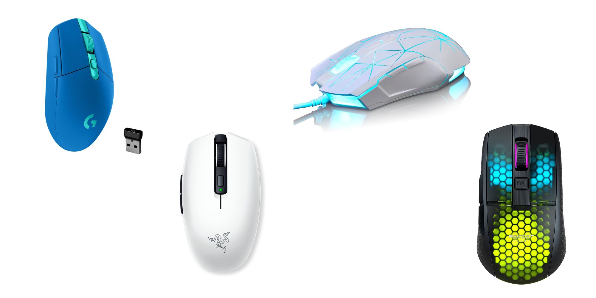 Header image for Best Small Gaming Mice In 2024 with images of Logitech, Razer, ROCCAT, and FIRSTBLOOD mice