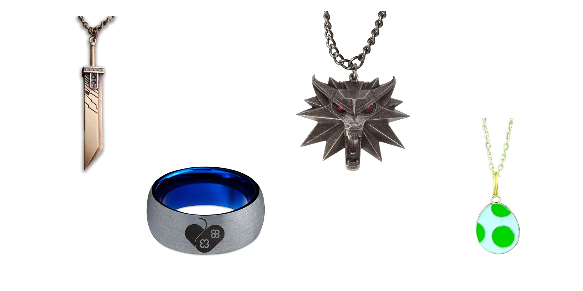 Header image for Best Video Game Jewelry with images of Witcher 3 medallion, Yoshi egg pendant, Emoji Heart ring, and Buster Sword pendant