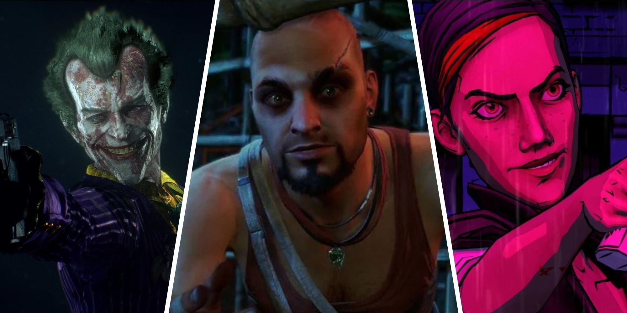 Chaotic Evil Villains Featured Split Image Joker, Vaas, and Bloody Mary
