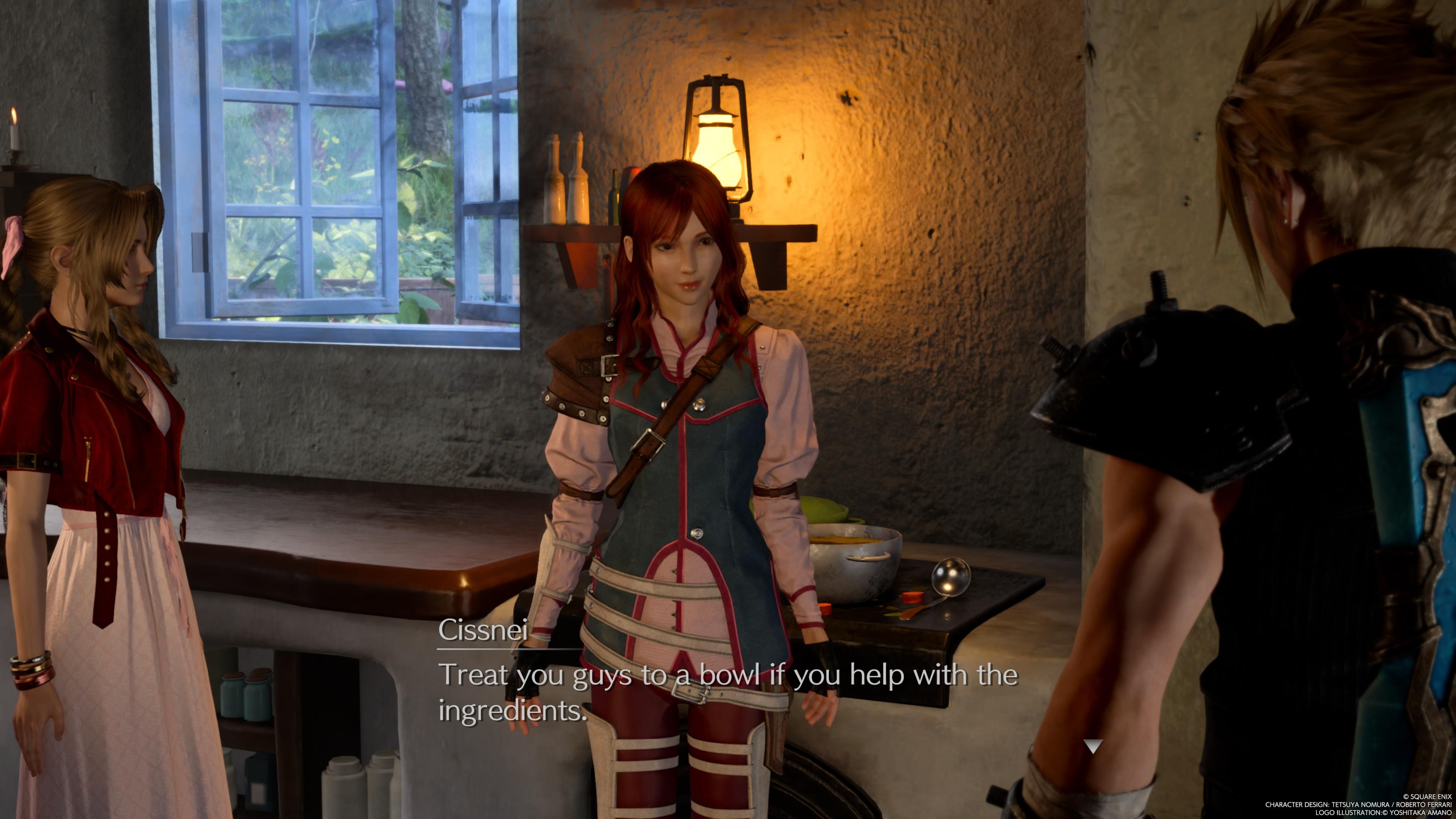 Cissnei offers mushroom soup to Aerith and Cloud in Gongaga in FF7 Rebirth