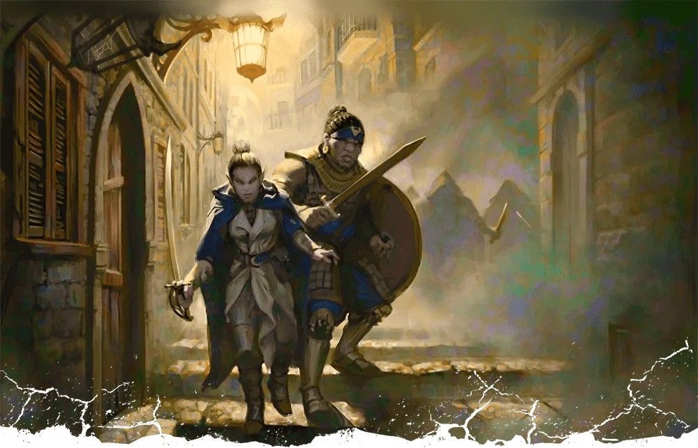 Two adventuers walk with care through the foggy districts of baldur's gate. Hooded attackers watch from afar