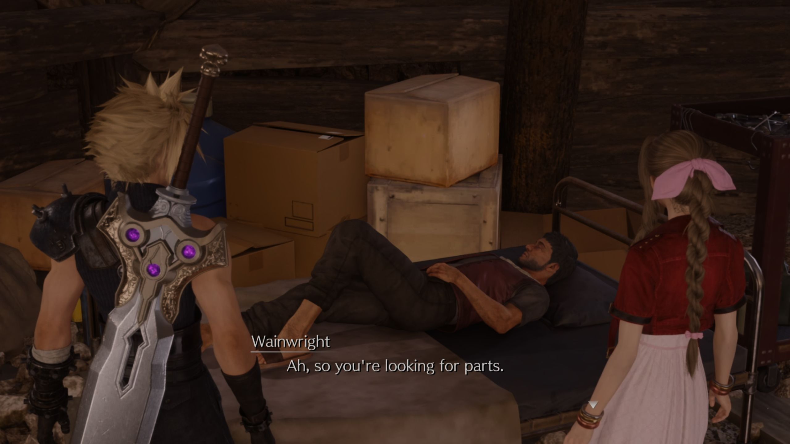Cloud and Aerith are speaking to Wainwright who is laying on the bed - FF7 Rebirth
