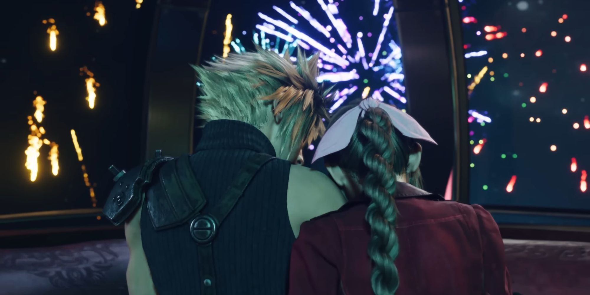 Final Fantasy 7 Rebirth Cloud and Aerith hold each other on the ferris wheel at the Gold Saucer
