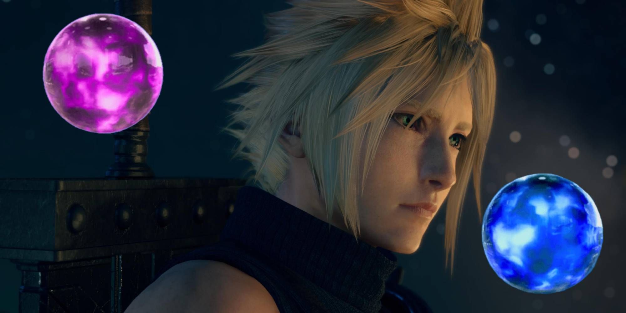 cloud from final fantasy 7 rebirth looking into the distance with materia orbs hovering around