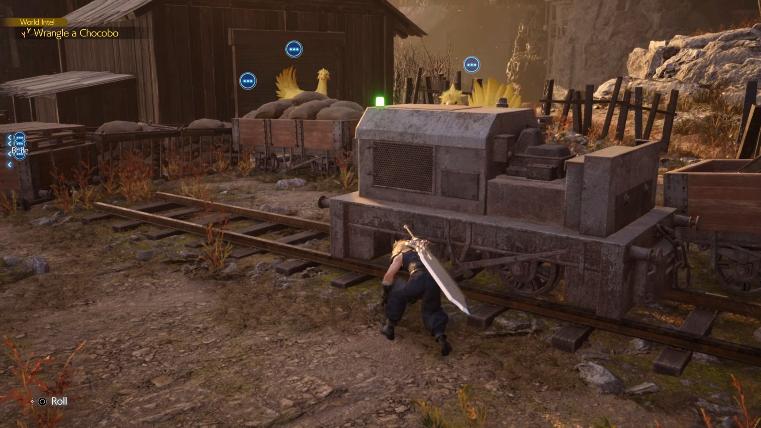 Cloud is sneaking behind a crate to avoid being spotted by the Chocobos - FF7 Rebirth