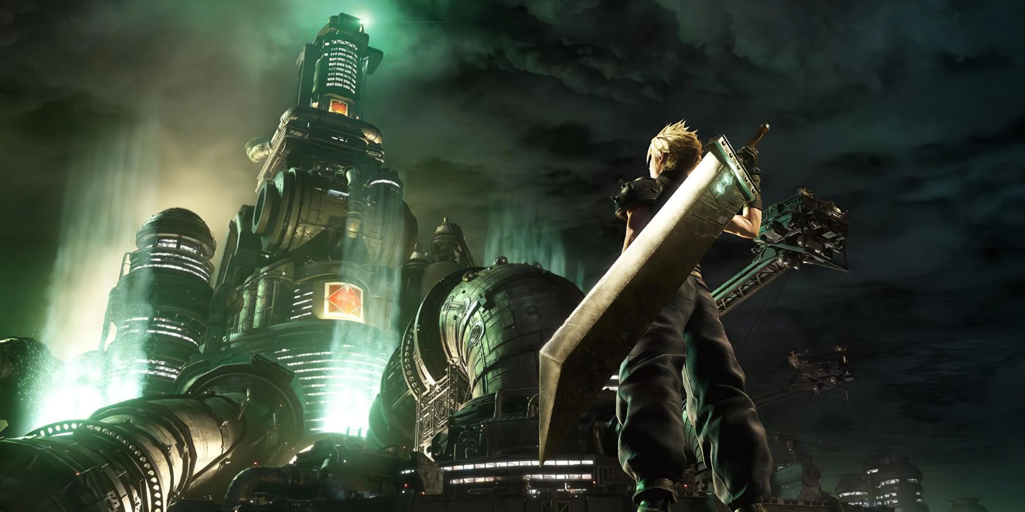 Cloud staring at the Mako reactor in Final Fantasy 7 Remake.