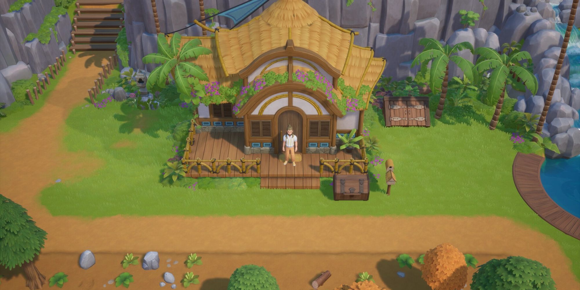 Coral Island player outside of house