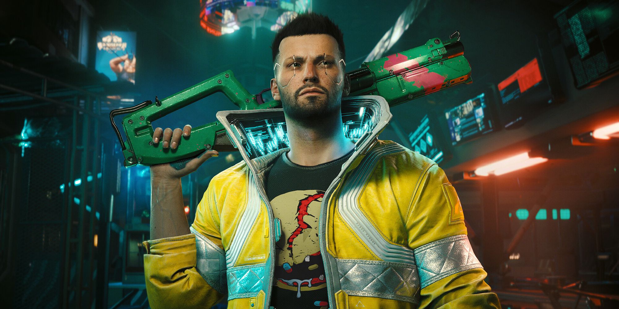 cyberpunk promotional image showing v with gun looking forward-1