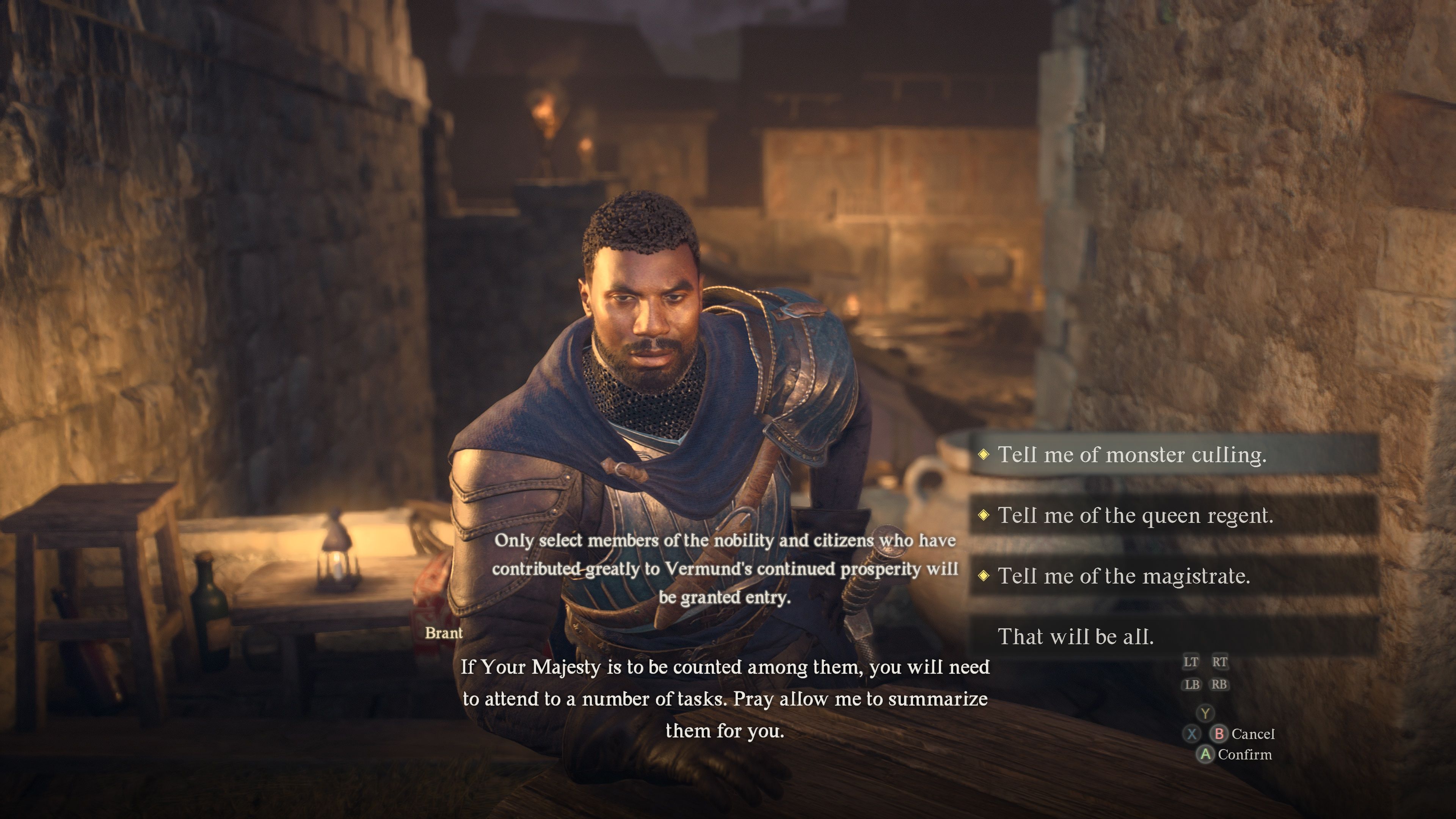 The Arisen speaks with Brant about Disa's Plot, Monster Culling, and The Magistrate.