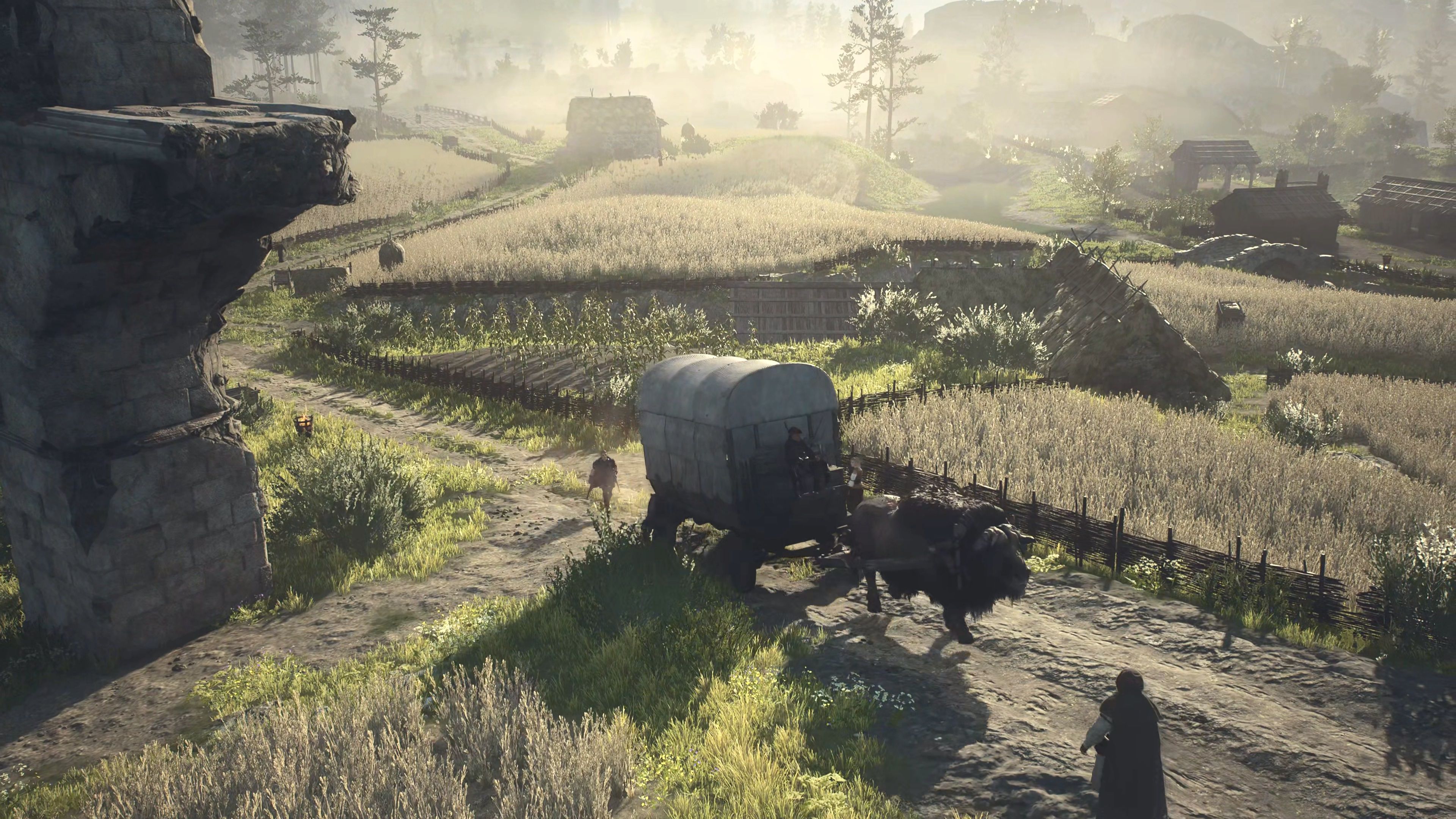 A bullock cart being escorted in Dragon's Dogma 2.