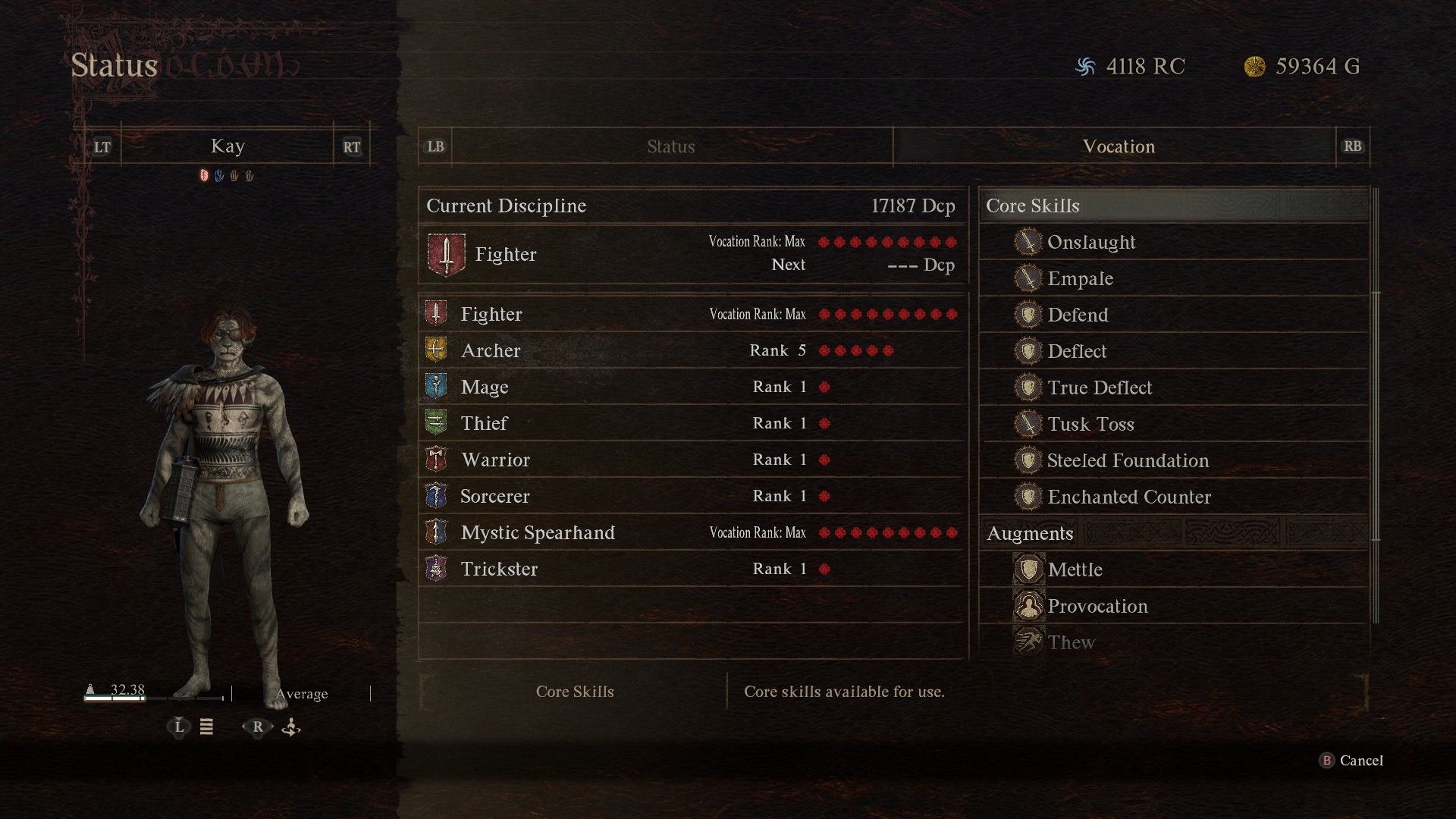 The in-game vocation menu showing the core skills of the Fighter vocation in Dragon&rsquo;s Dogma 2