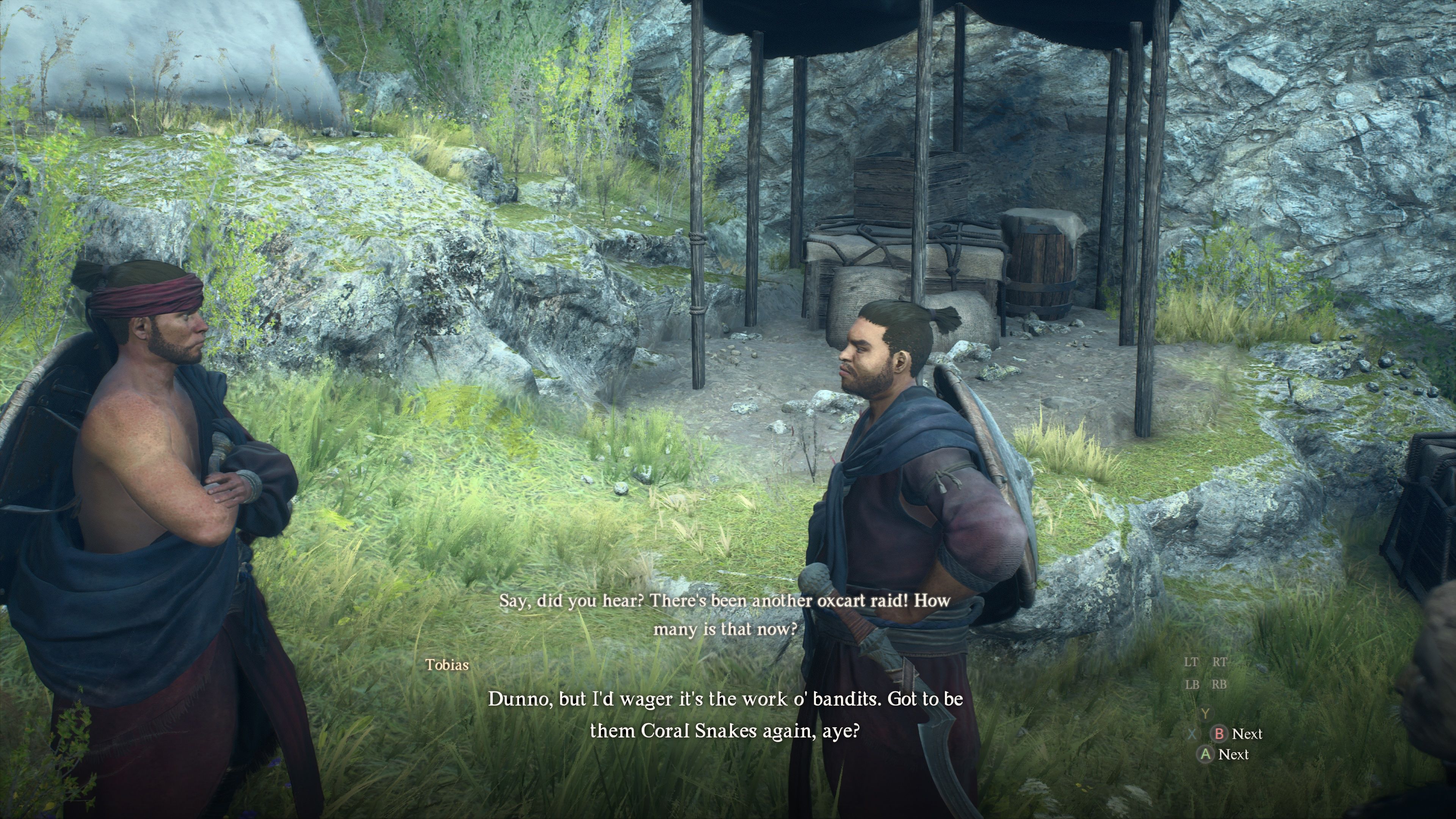 Two men speak at the start of Mercy among Thieves in Dragon's Dogma 2.