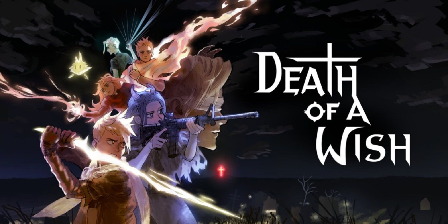 death of a wish title card featuring characters brandishing lightning swords and rifles