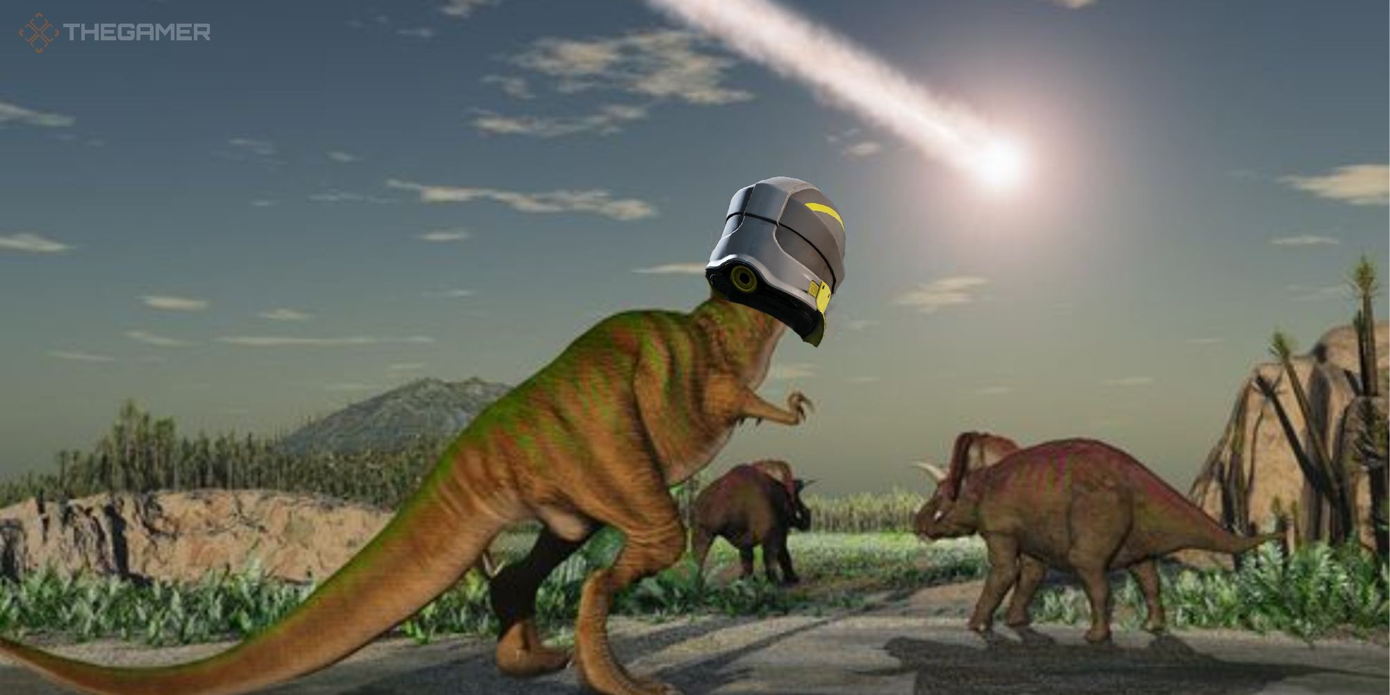 Dinosaur watching the asteroid hit but theyre wearing a Helldivers 2 helmet
