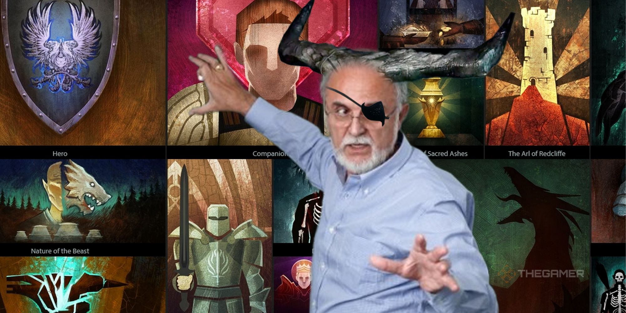 An older man in a blue shirt with an eyepatch and horns on his head gestures behind him at Dragon Age Keep's Tapestry