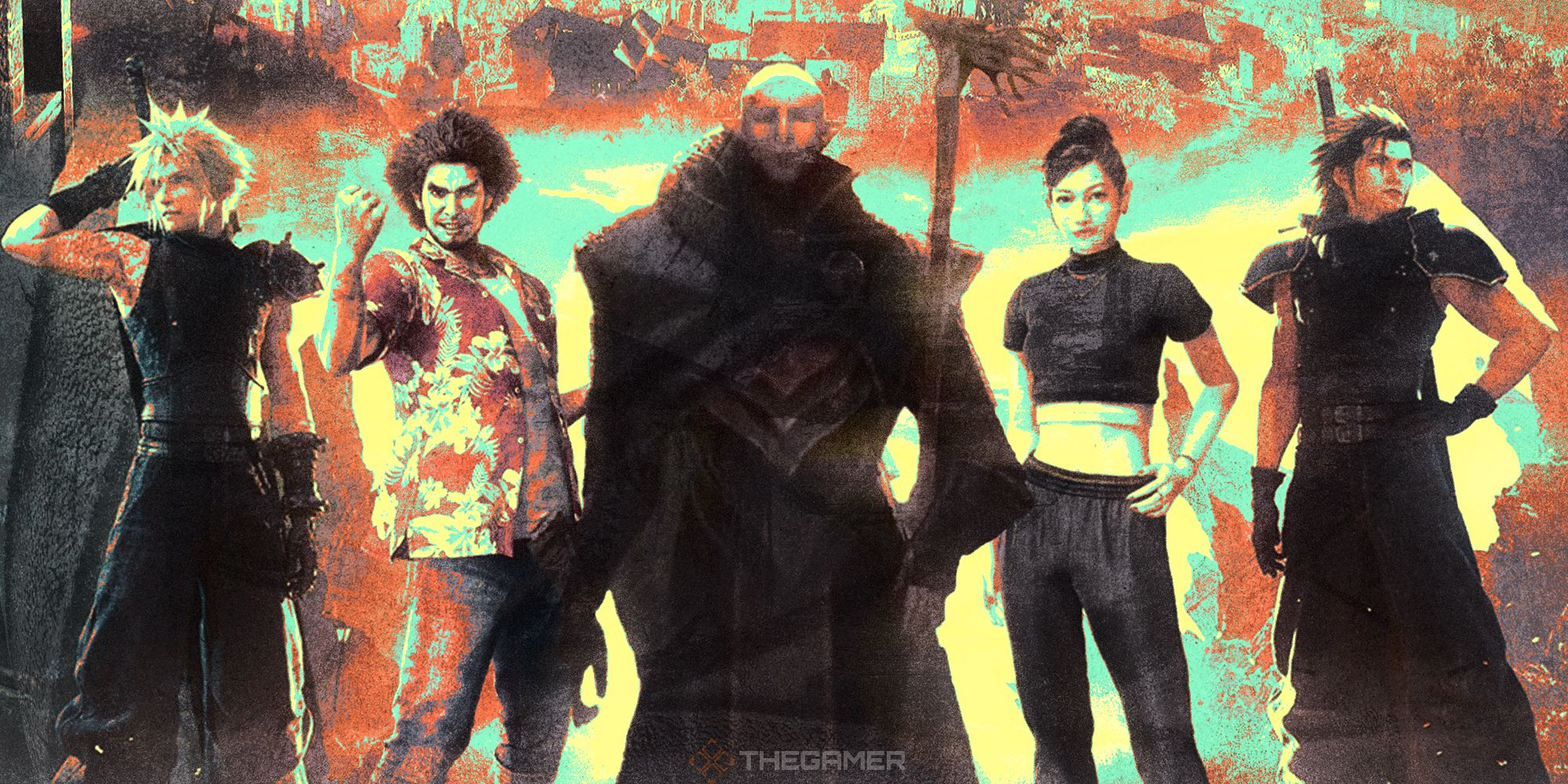 Solas from Dragon Age Dreadwolf lined up with Cloud and Zack from FF7 and Ichiban and Chitose from Like a Dragon