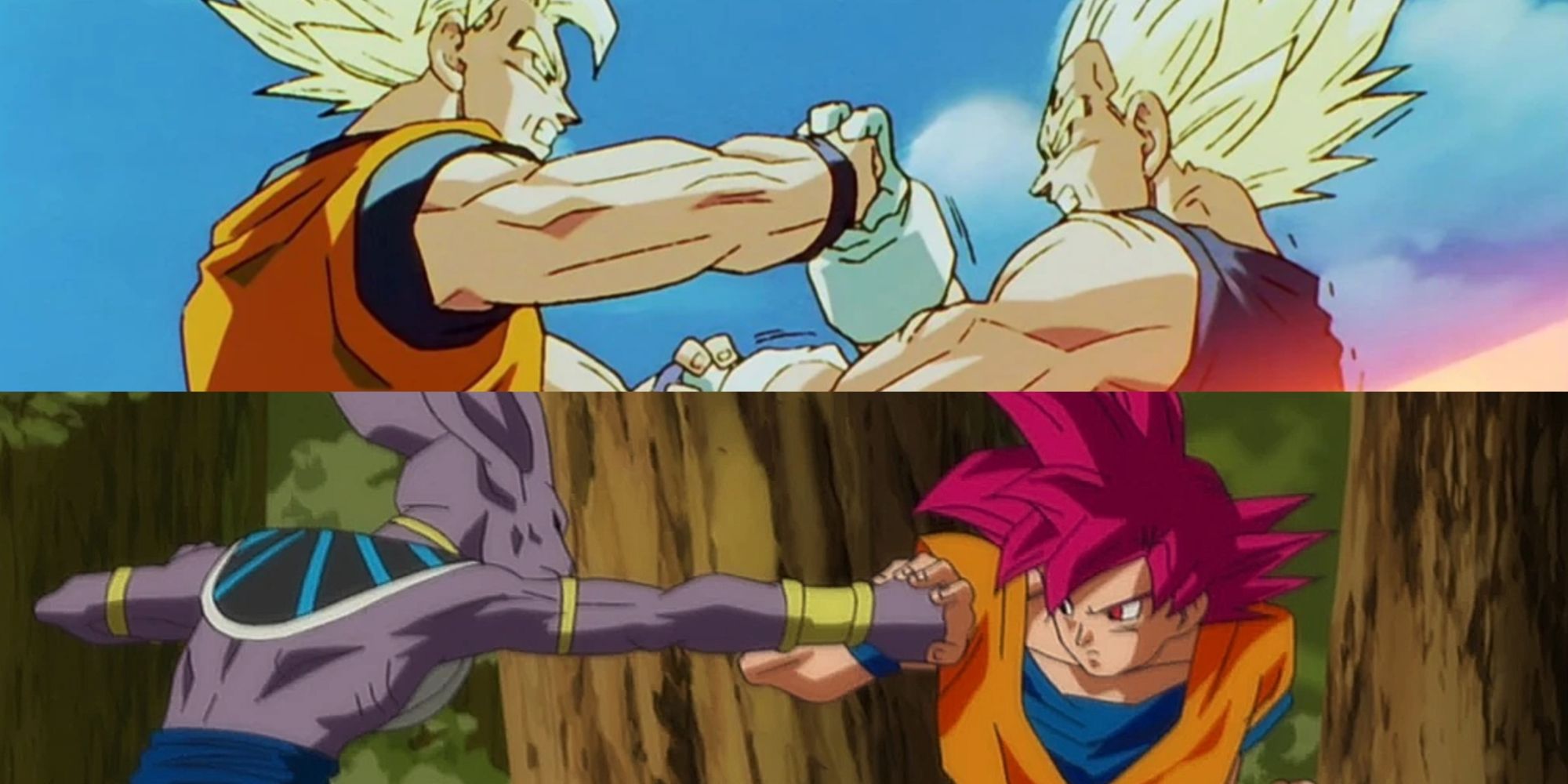 Dragon Ball Best Fights Ranked Featured Split Image Goku Vs Vegeta and Beerus Vs Goku