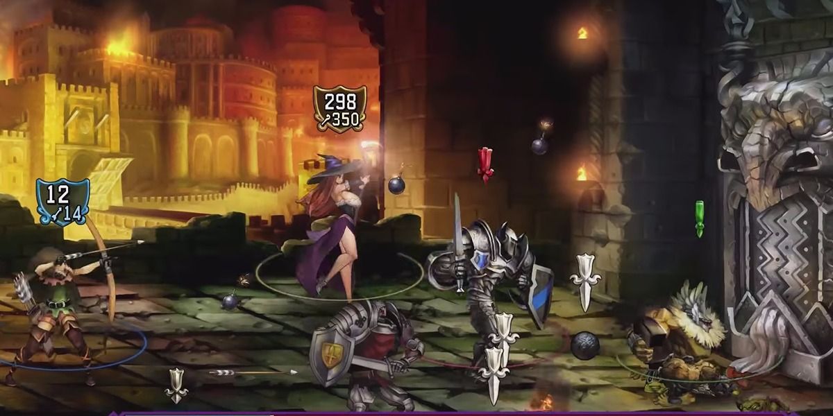 The Party consisting of the Elf, Warrior, Dwarf, and Sorcerous fighting in a dungeon in Dragon's Crown Pro