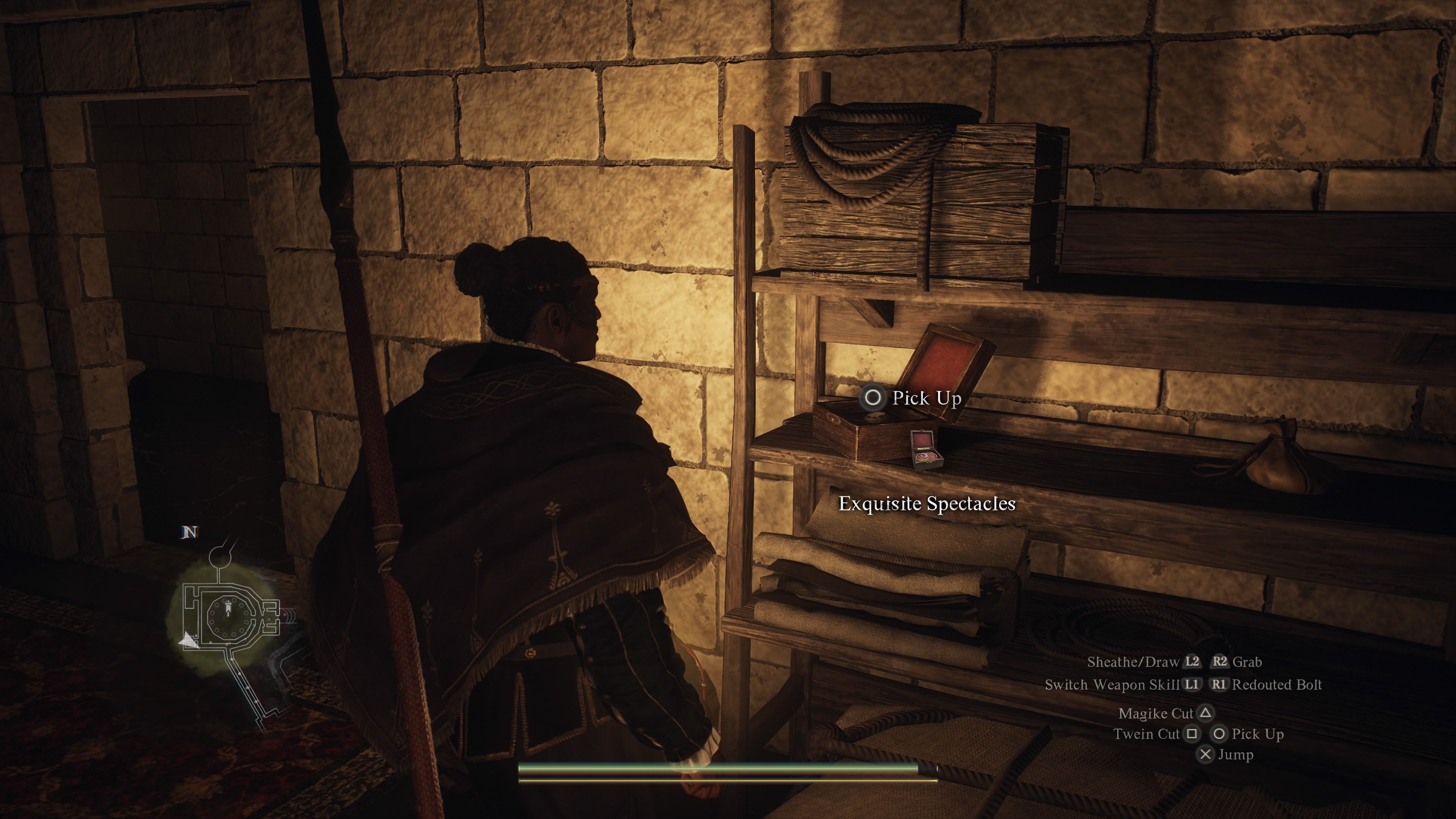 Player Arisen standing in front of a shelf in the Palace storeroom where the Exquisite Spectacles are in Dragon&rsquo;s Dogma 2.