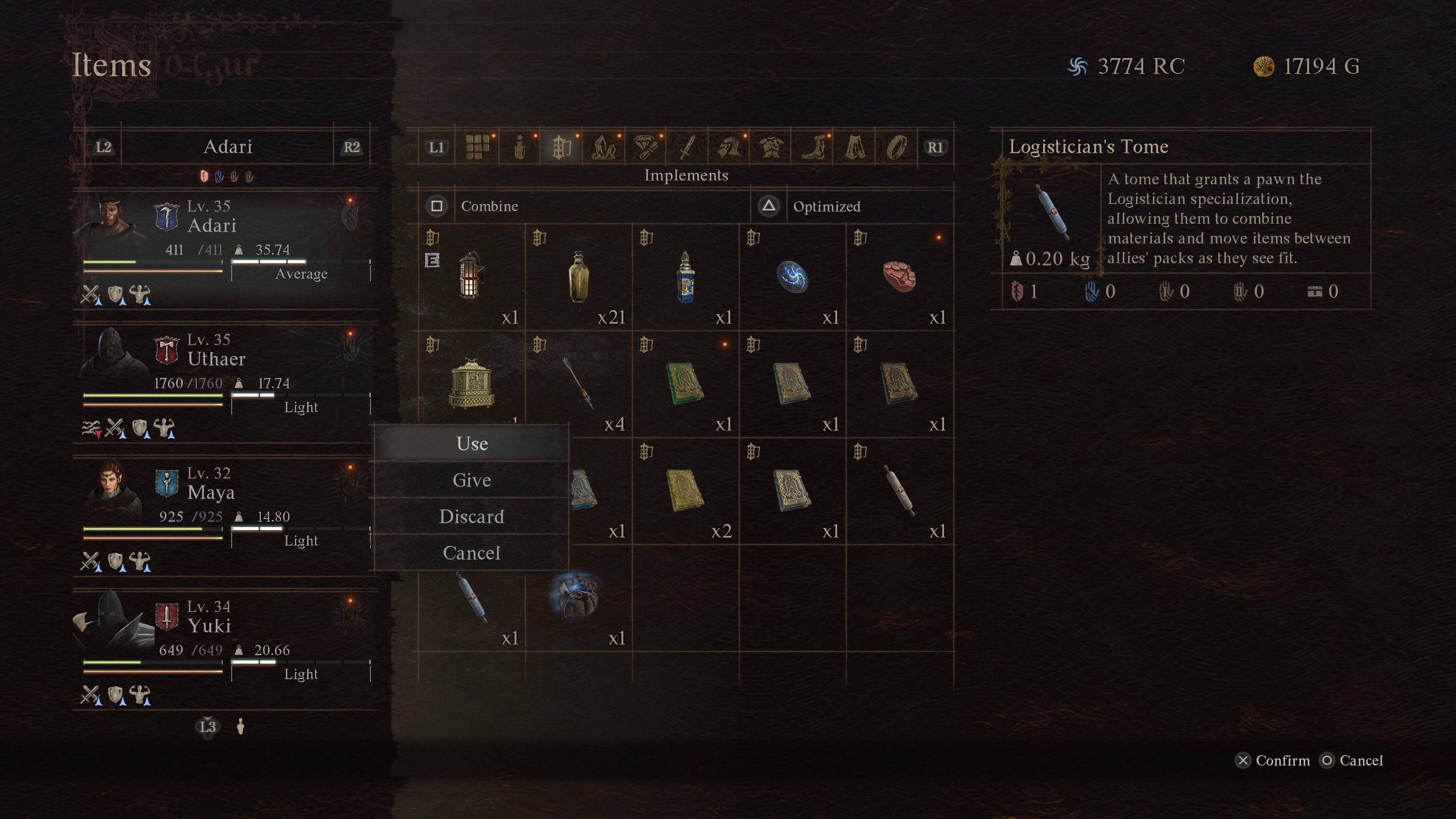 Player Arisen in their inventory and about to use a Logistician&rsquo;s Tome on their main pawn in Dragon&rsquo;s Dogma 2.