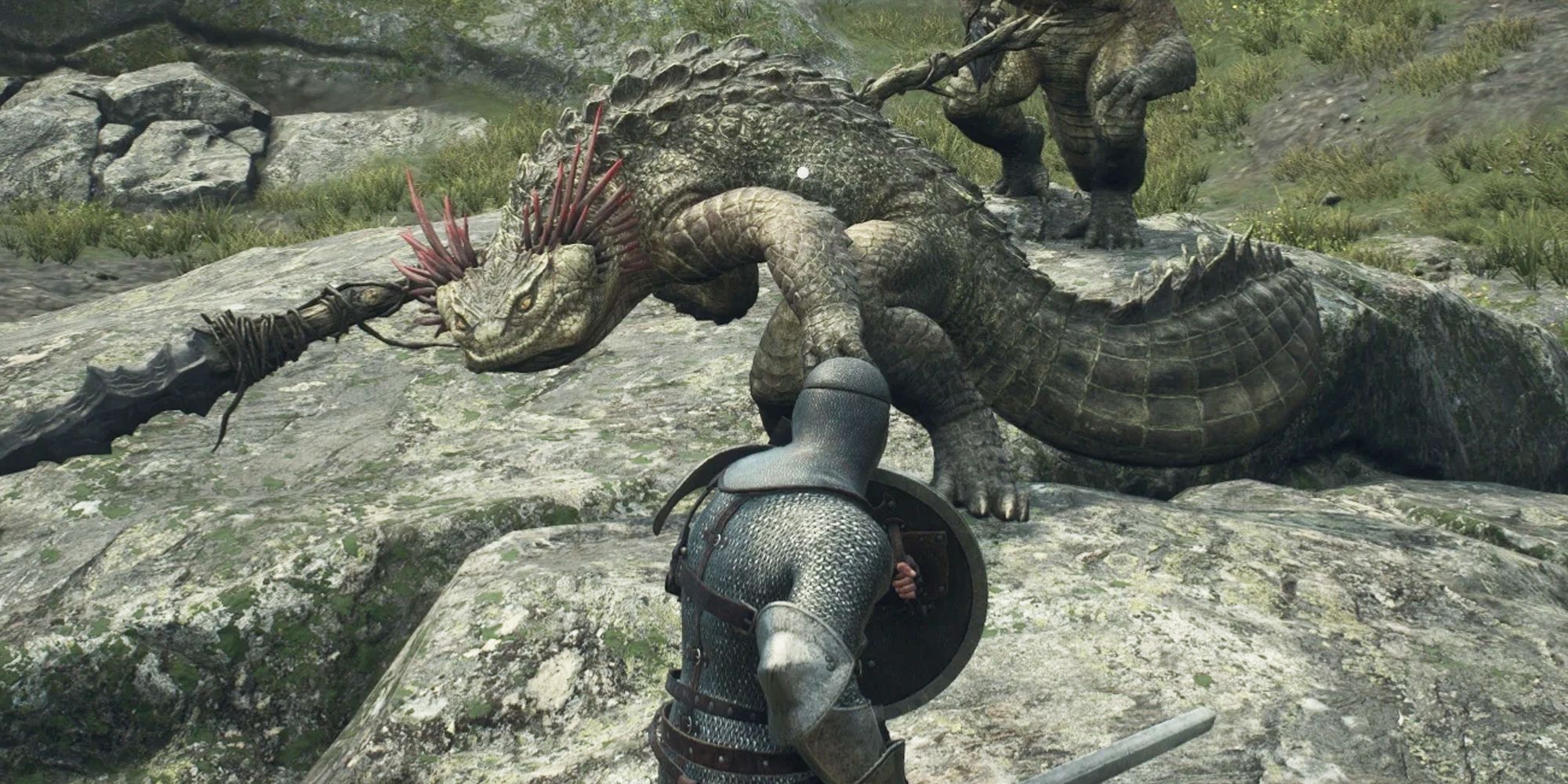 Dragons Dogma 2 character locking onto a lizard enemy with a mod