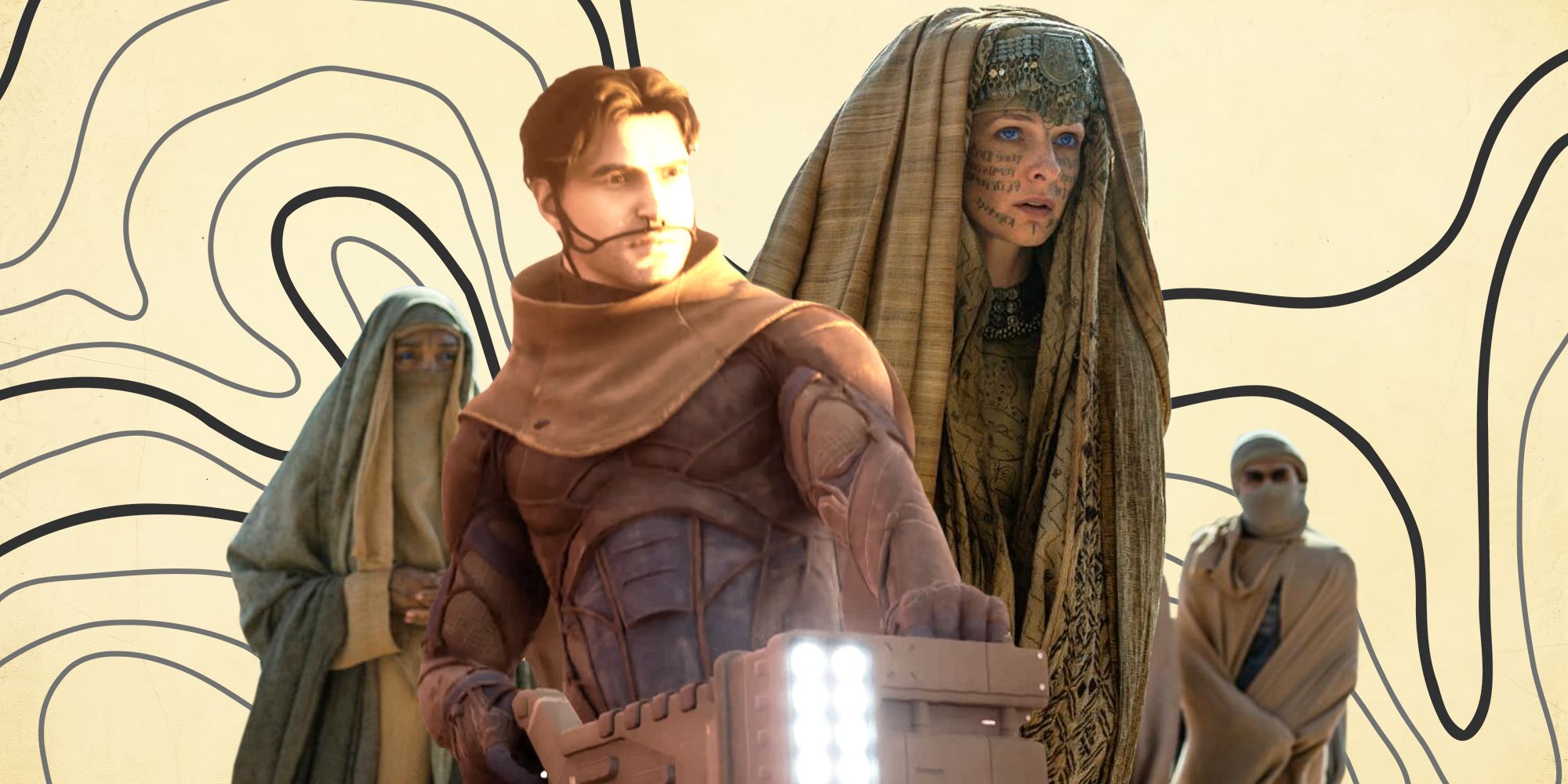Characters from both the 2000 and 2024 version of Dune, with a squiggly background behind them