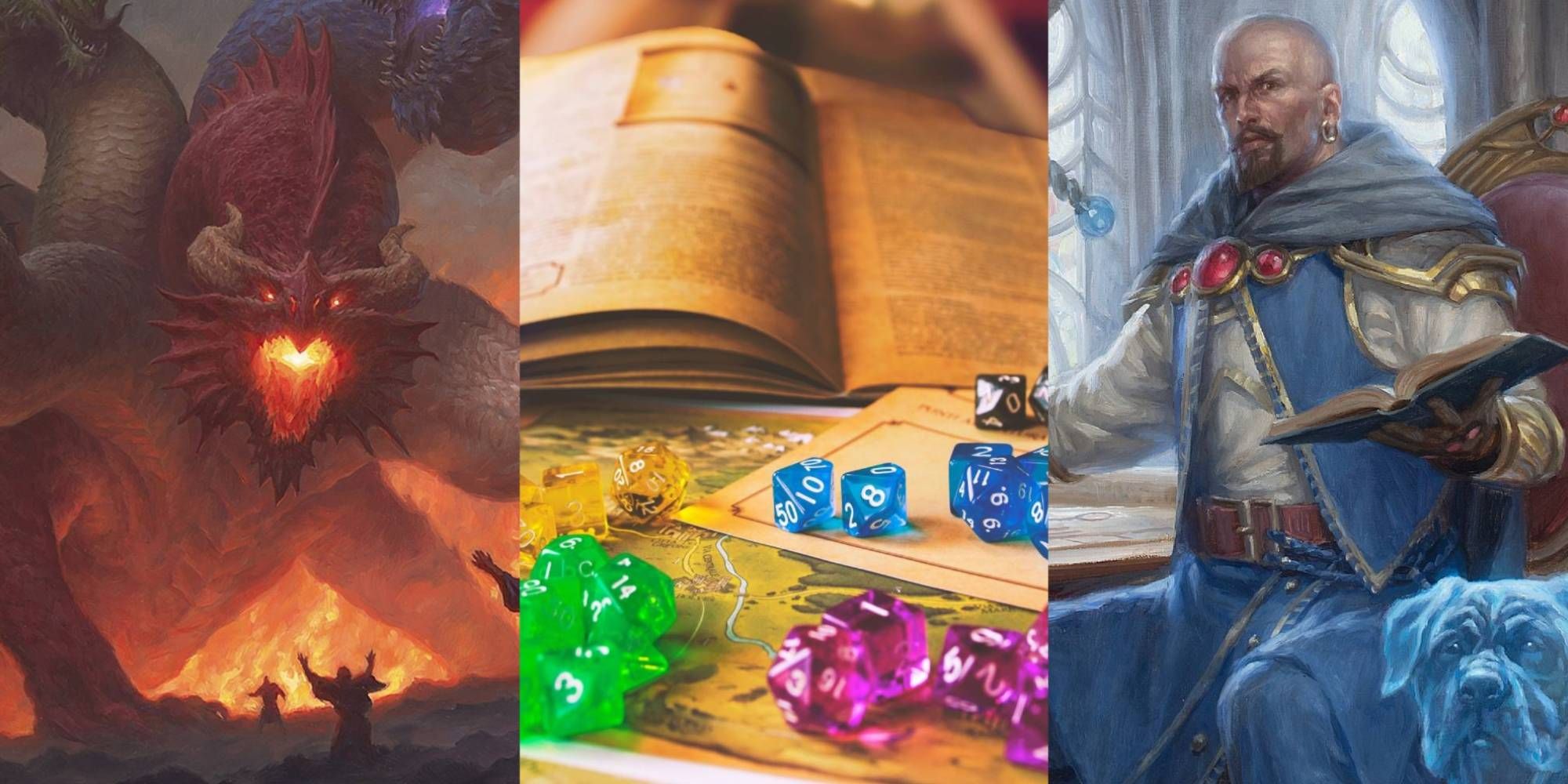 A collage of images including a roaring dragon, multicoloured dice and a wizard in blue robes