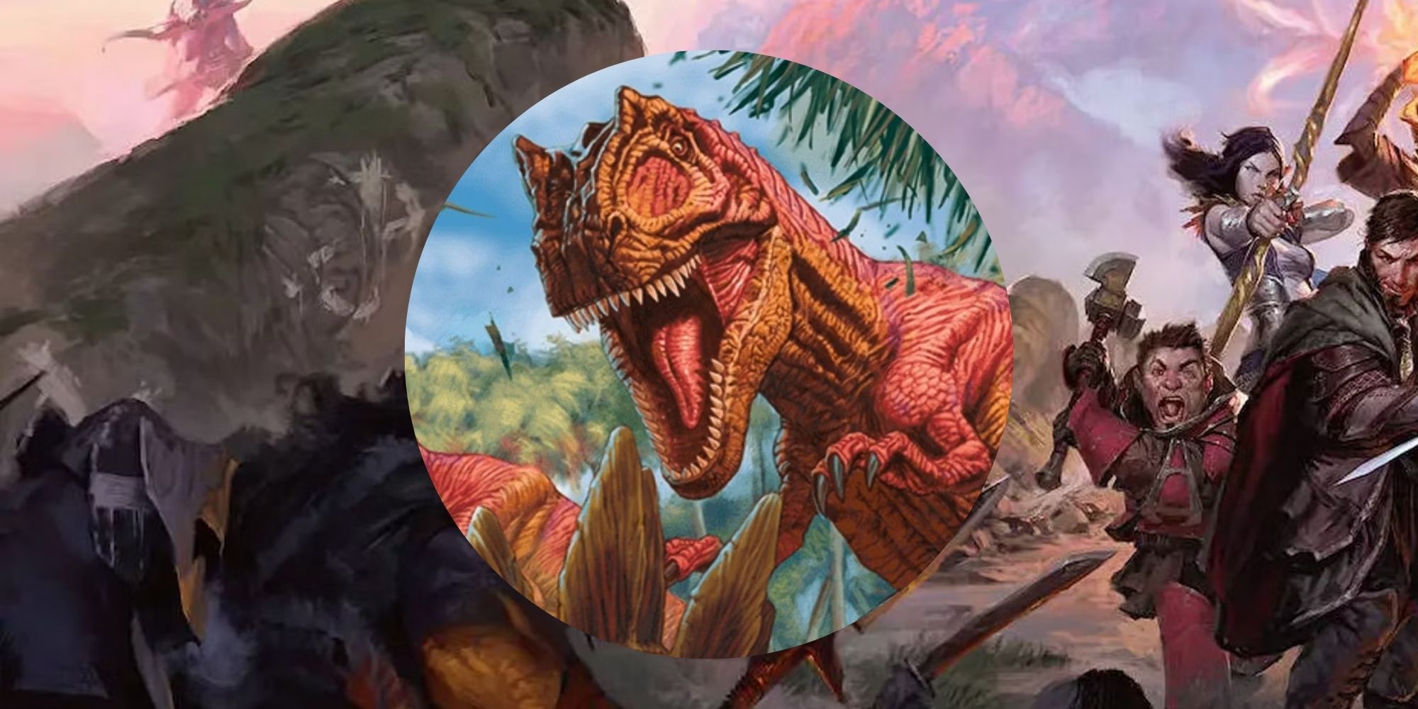 Dungeons & Dragons dinosaur roaring from center of image over D&D cover