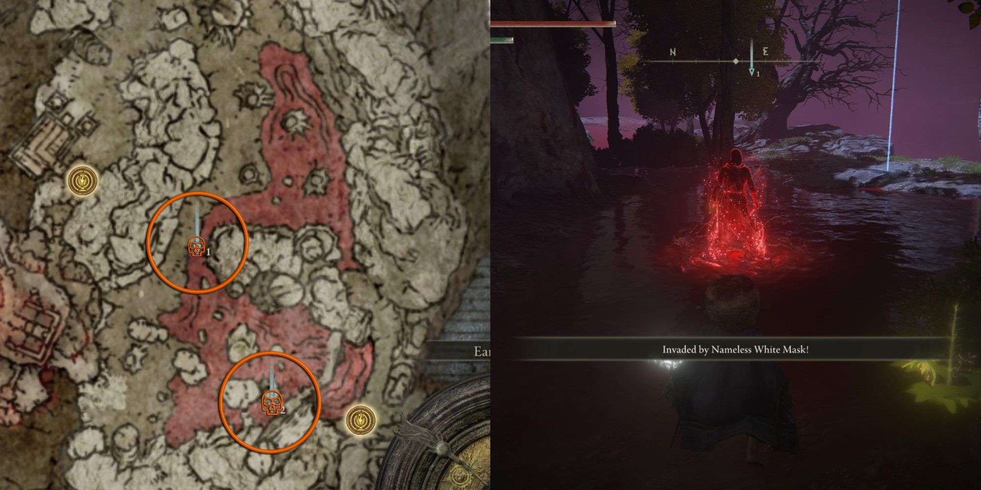 Collage of Nameless White Mask map locations and being invaded by a white mask in Elden Ring
