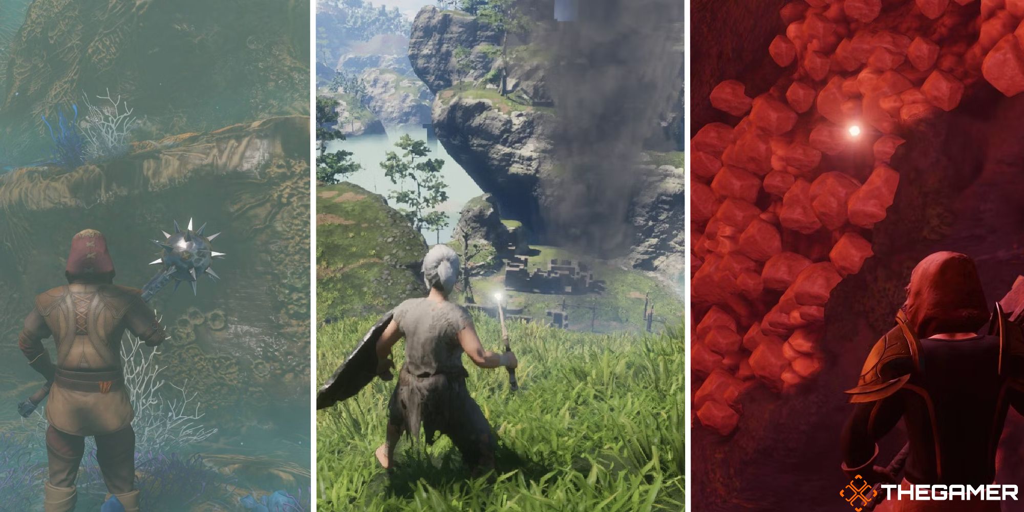 enshrouded best farming locations showing three images of players looking at amber, rookmore, and clay