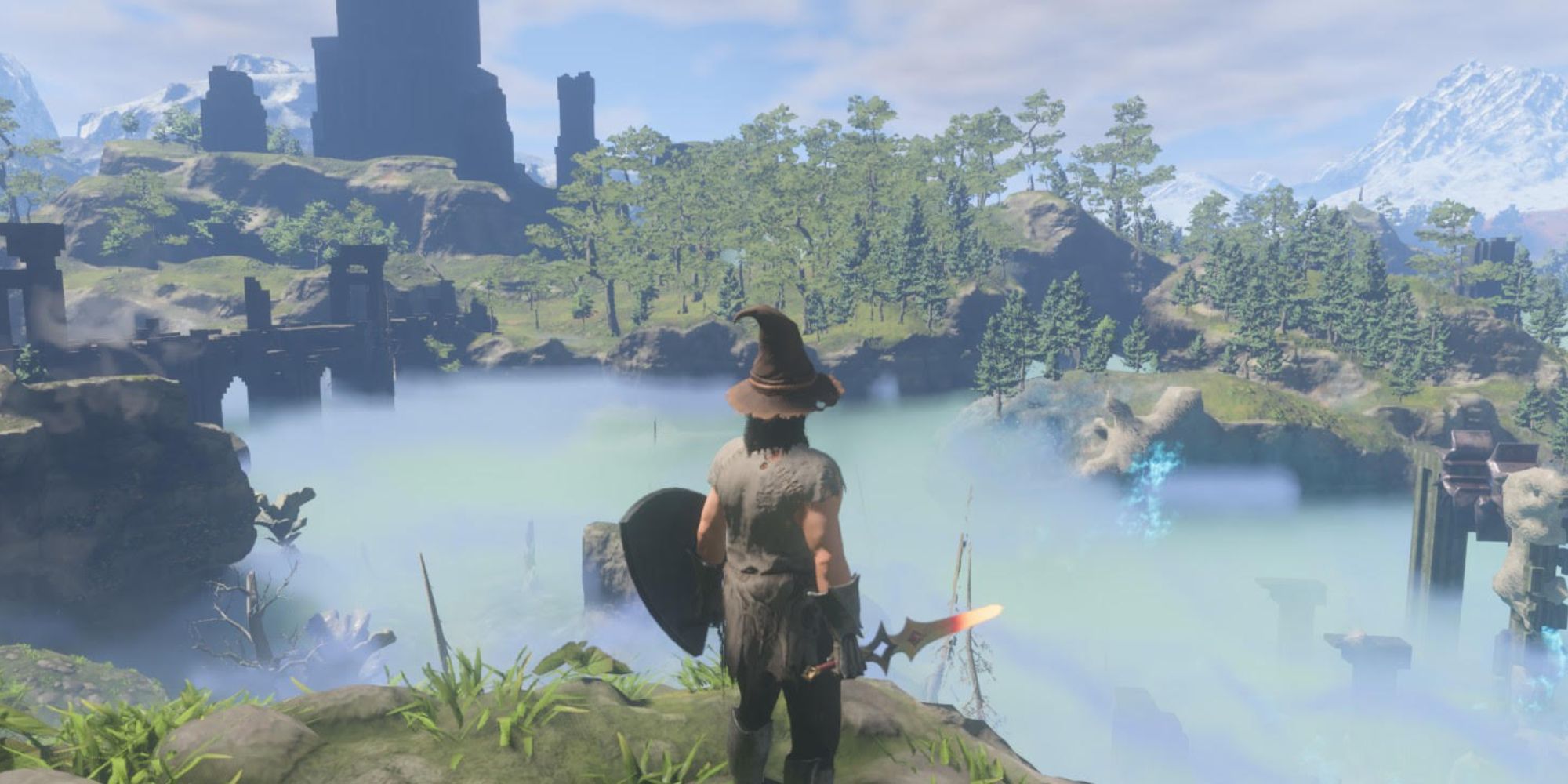 A character standing near shrouded area while holding a wailing blade and shield in enshrouded