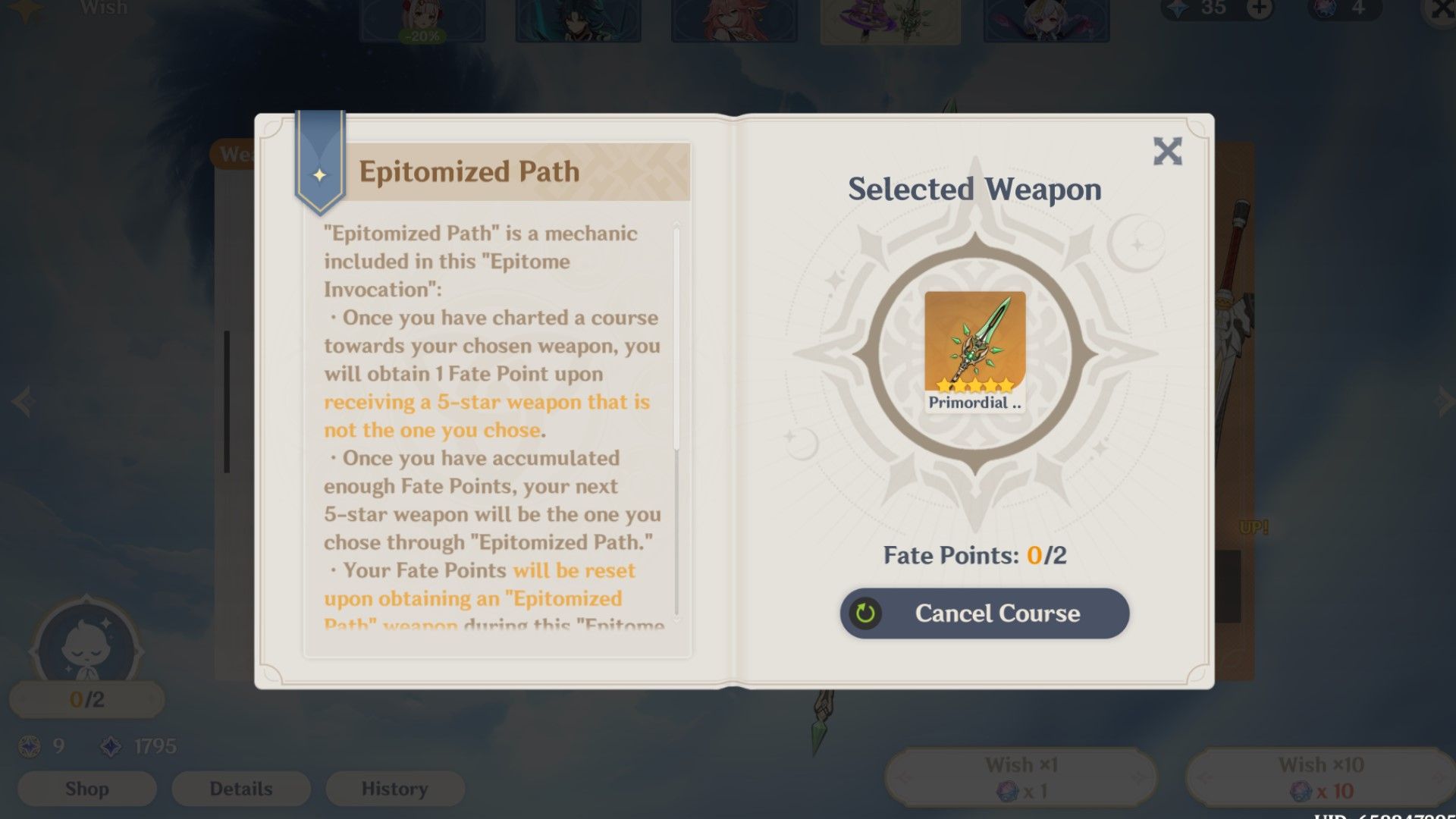 Epitomised Path screen in Genshin Impact.
