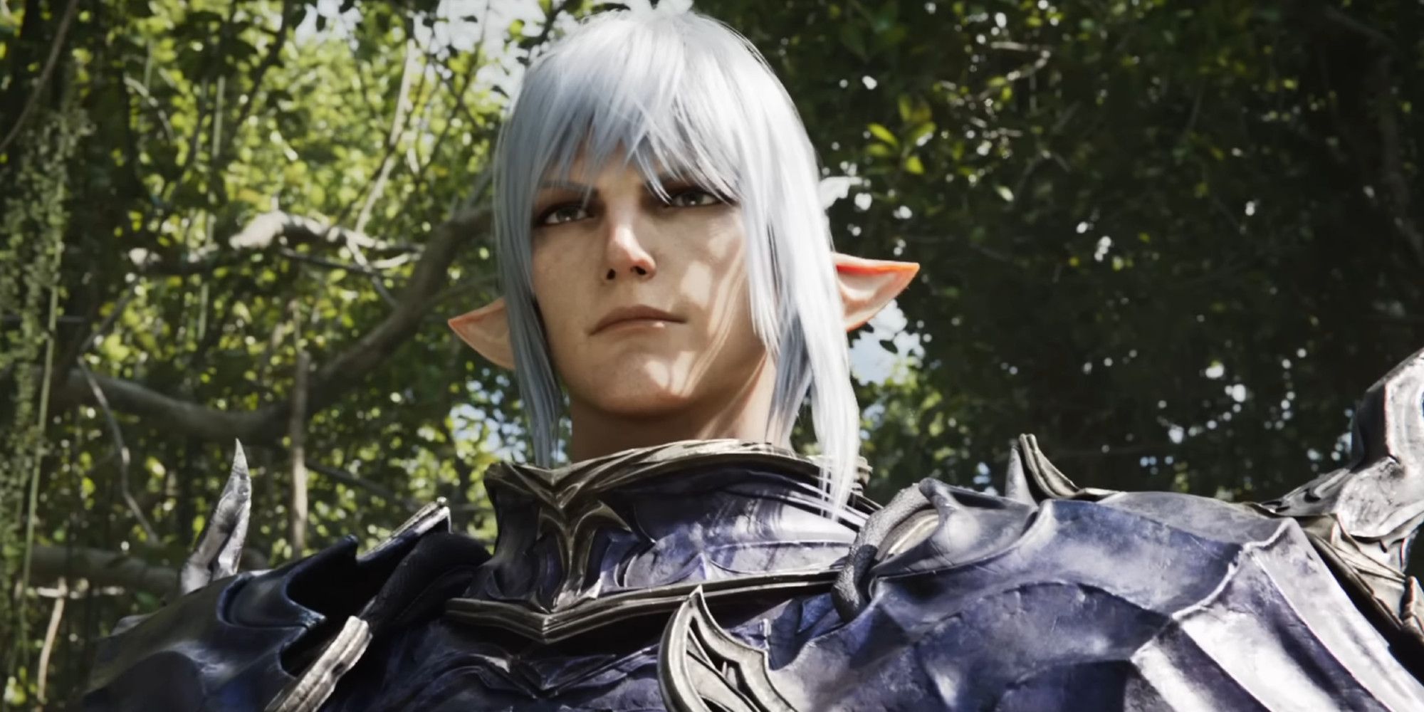 Estinien in his Dragoon armor in the middle of a forest