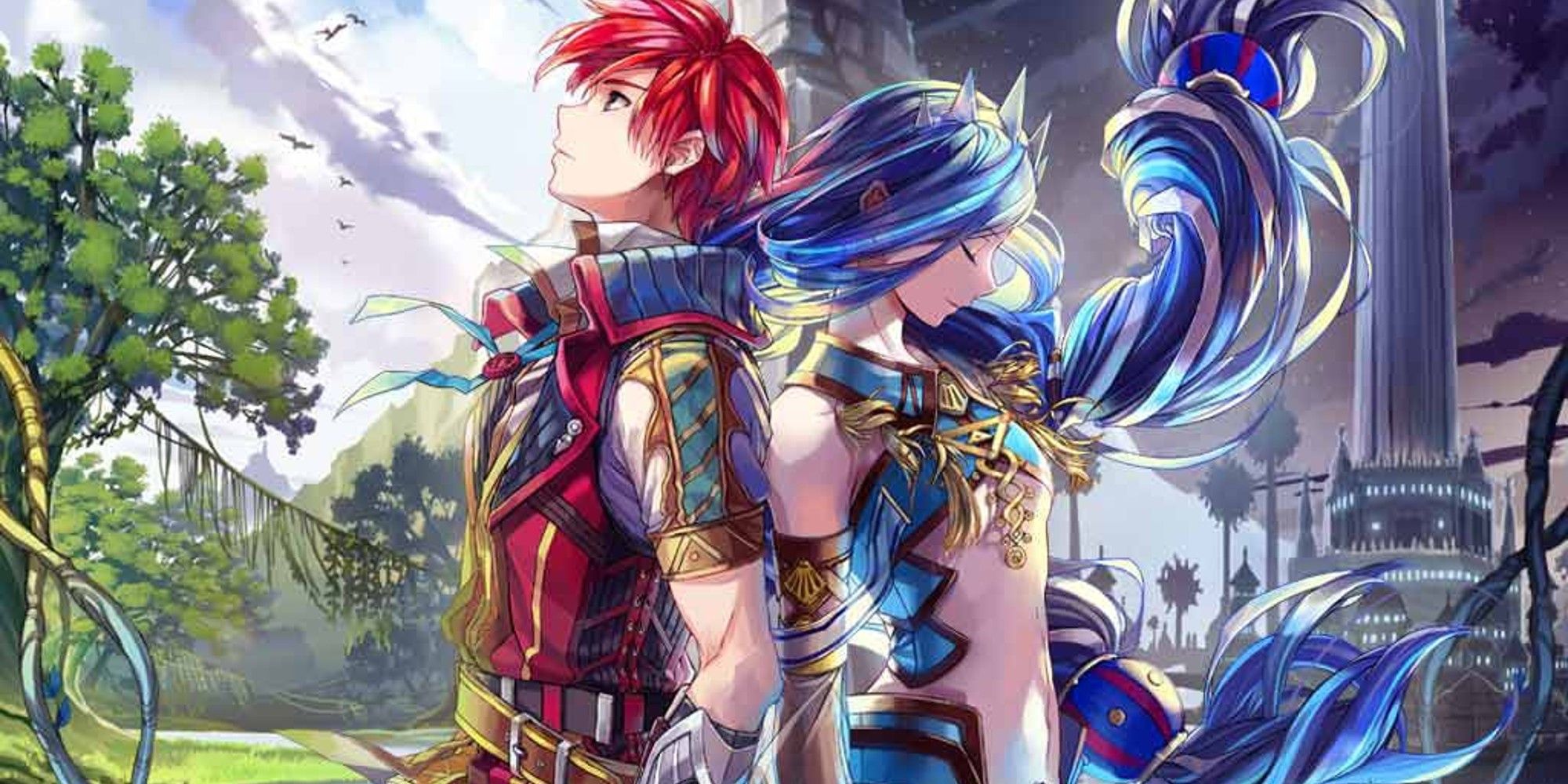 Adol and Dana back to back in font of a forest and a tower.
