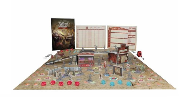 The Fallout Factions Nuka world board set up with cardboard terrain from the Fallout board game.
