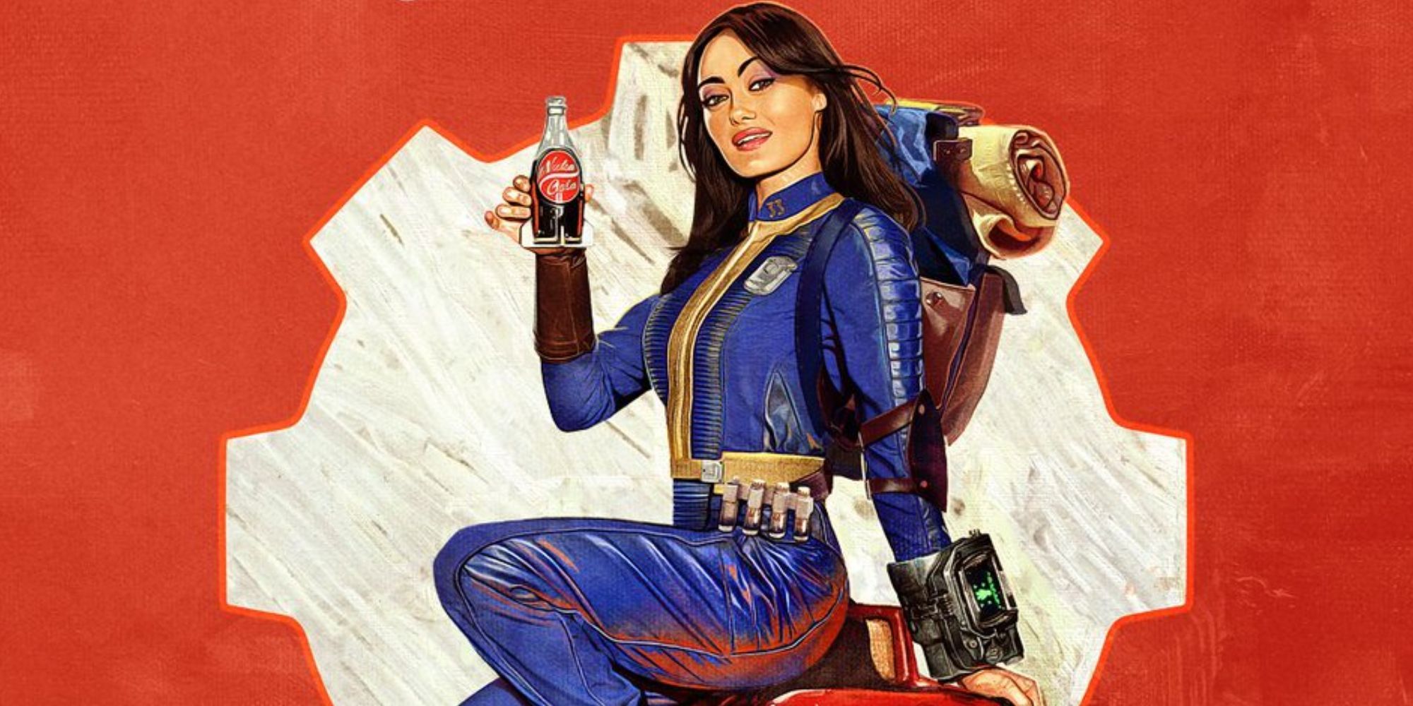 A retro-style poster of the character Lucy from the Fallout show. She is a brunette woman wearing a vault suit, which is blue with yellow stripes. She's holding a glass bottle of cola. 