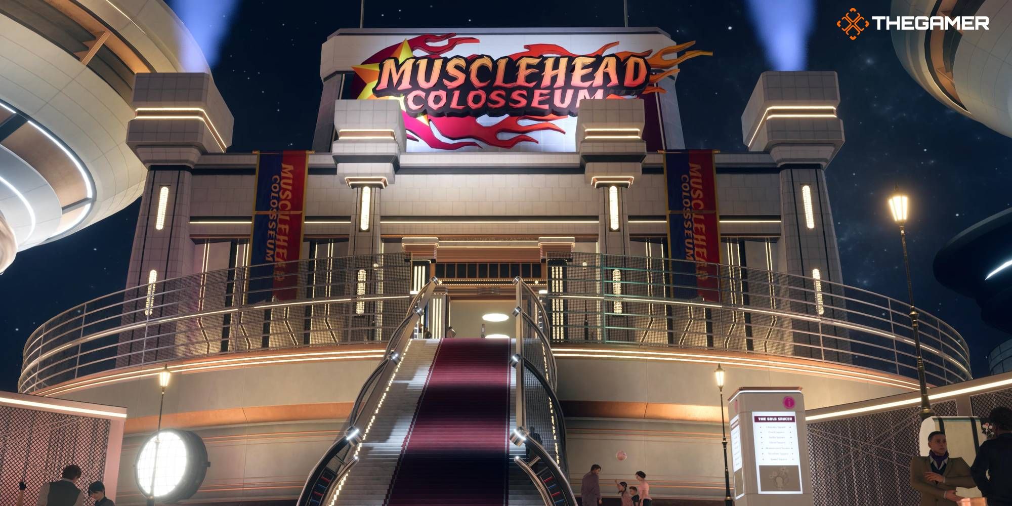 Feature image of the outside of the Gold Saucer Musclehead Colosseum in FF7 Rebirth