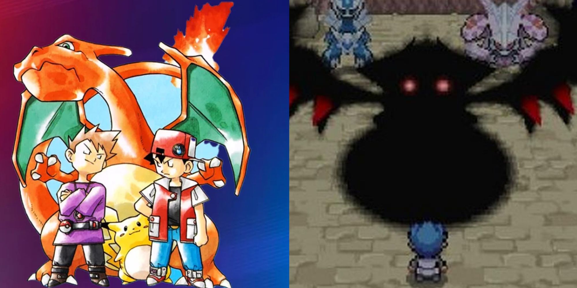 Split Image of Red, Blue, Pikachu, Charizard, & Shadow Giratina