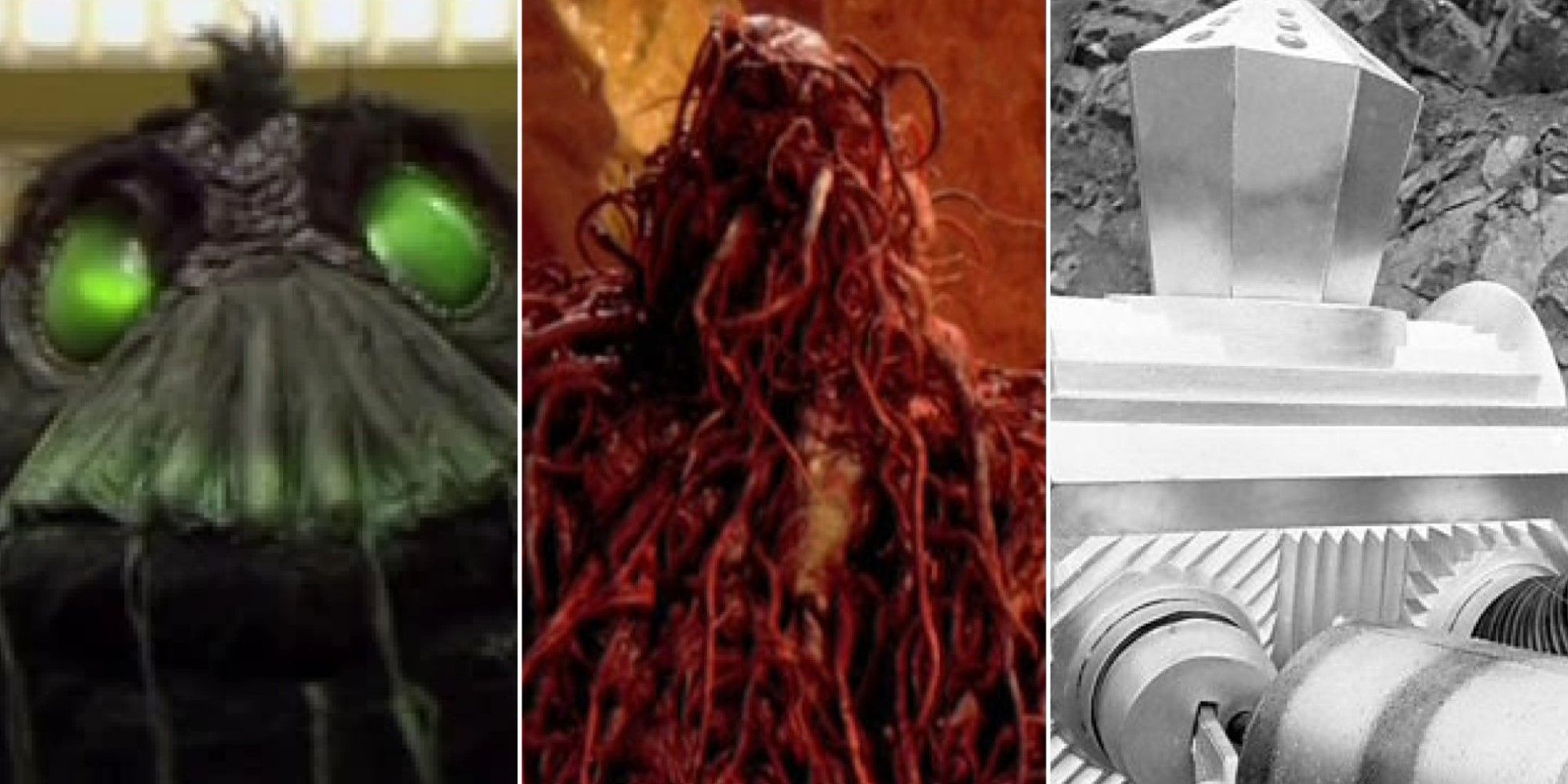 Images of three monsters from different episodes of the classic series of Doctor Who