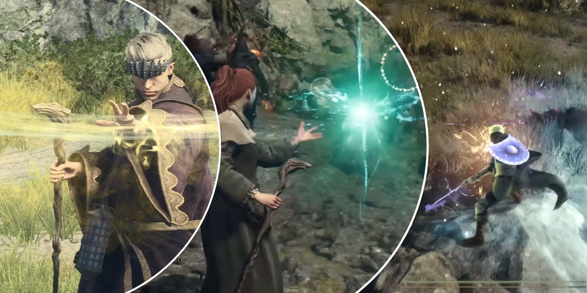 A split image featuring mage, fighter and sorcerer in action from Dragon's Dogma 2